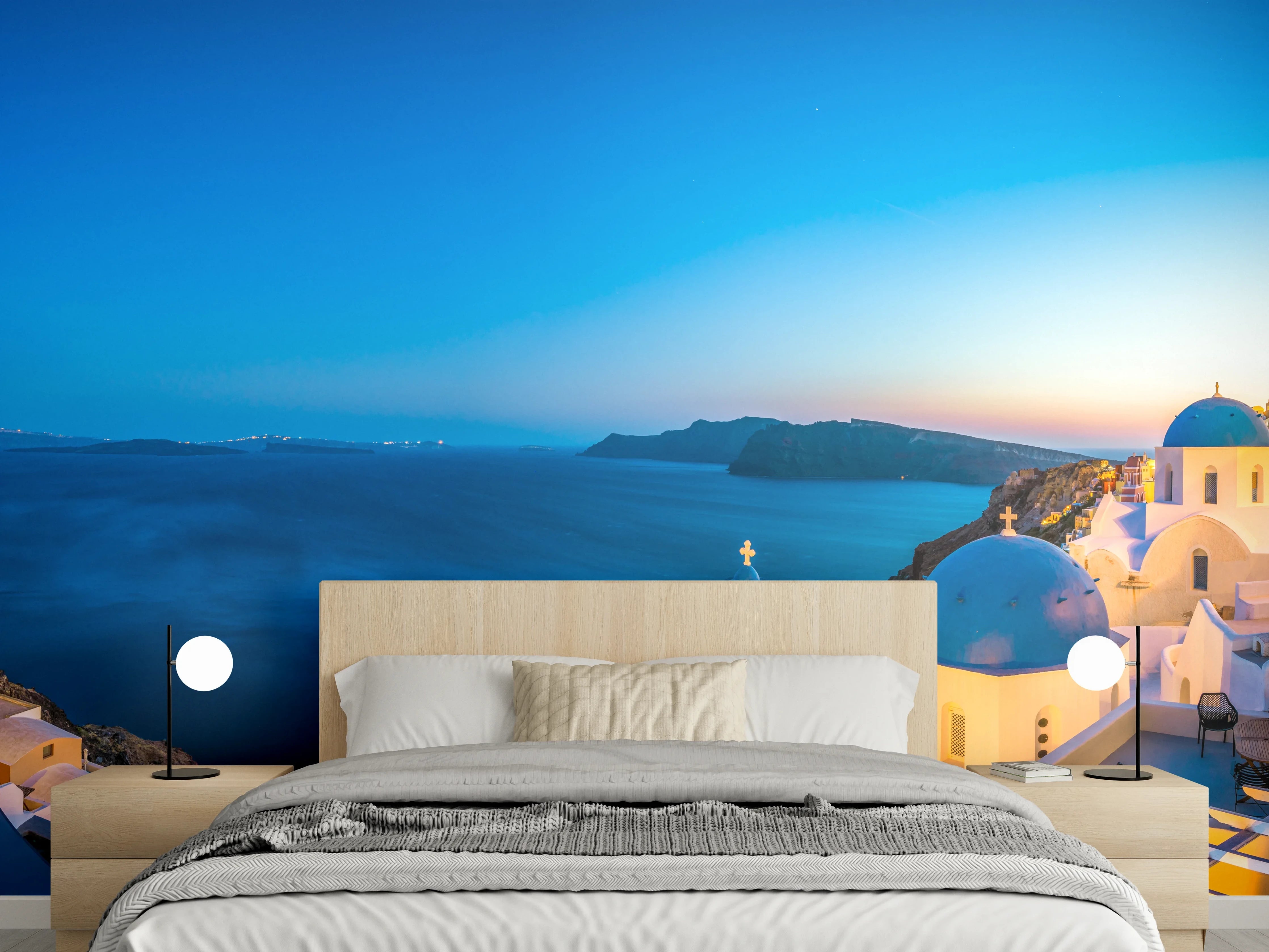 Wandverkleidung Schlafzimmer - Santorini Panorama: Sonnenuntergang & Meerblick
