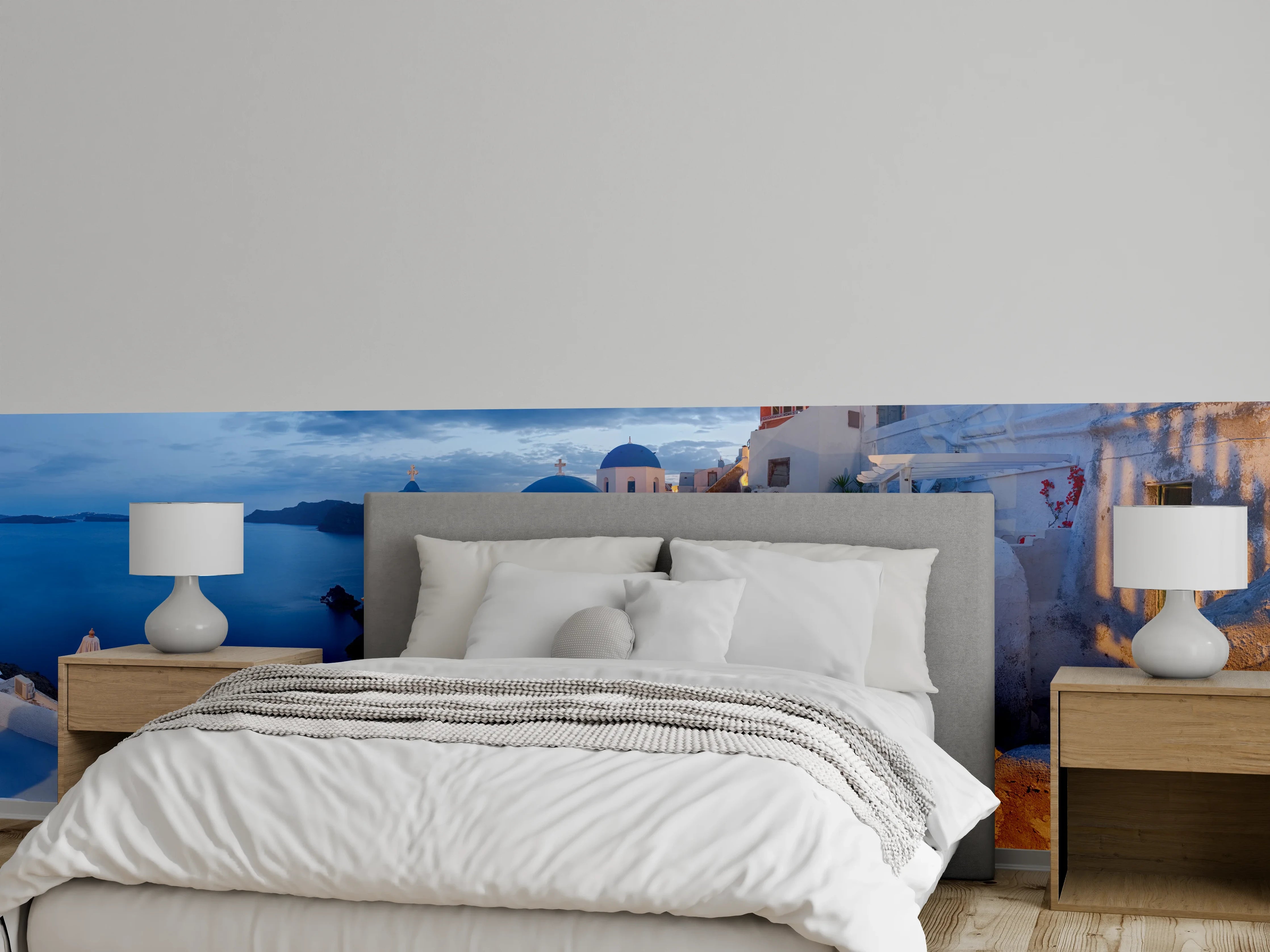 Wandverkleidung Schlafzimmer - Santorini Skyline in Blau und Weiß