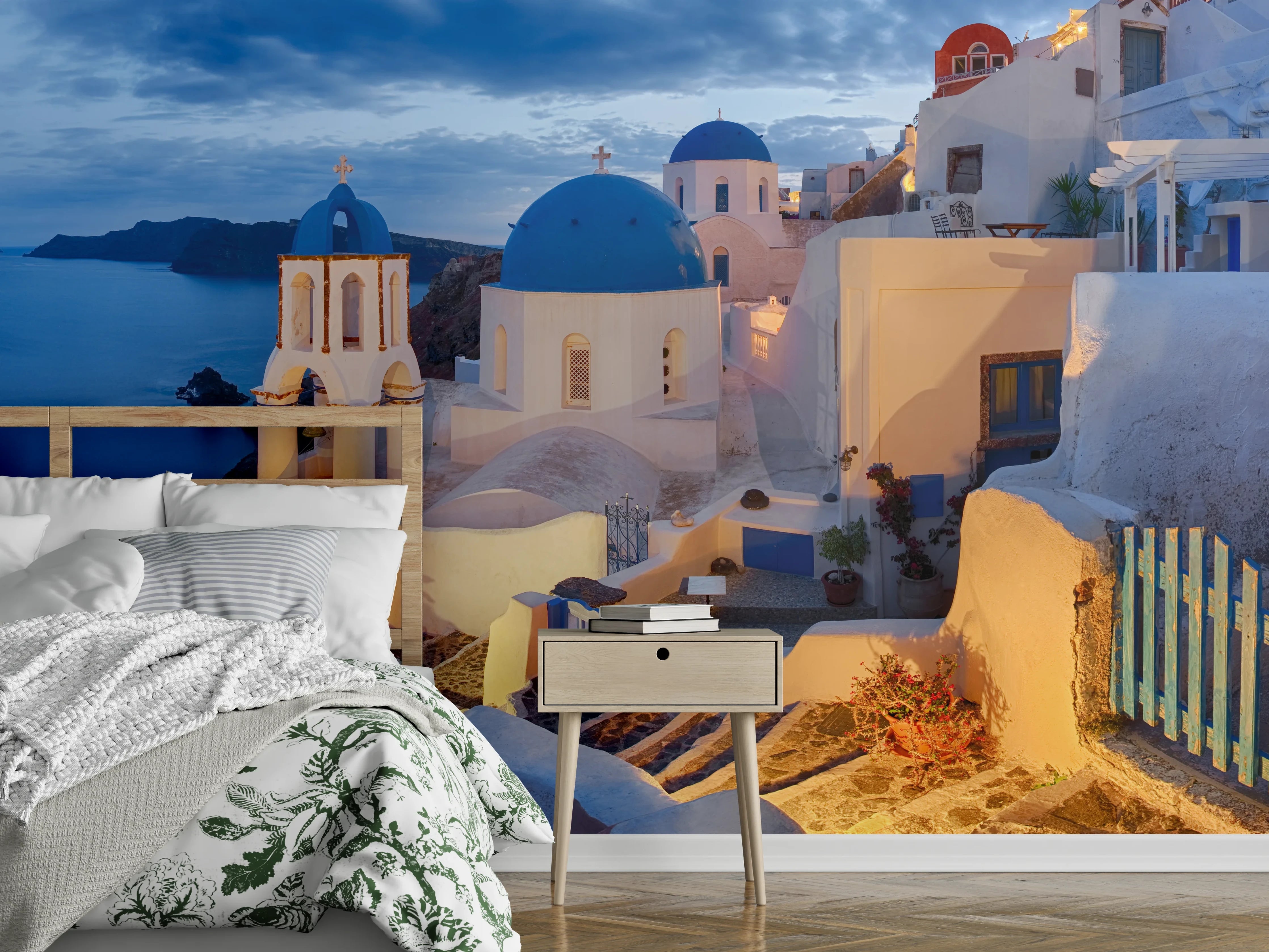 Wandverkleidung Schlafzimmer - Santorini Skyline in Blau und Weiß