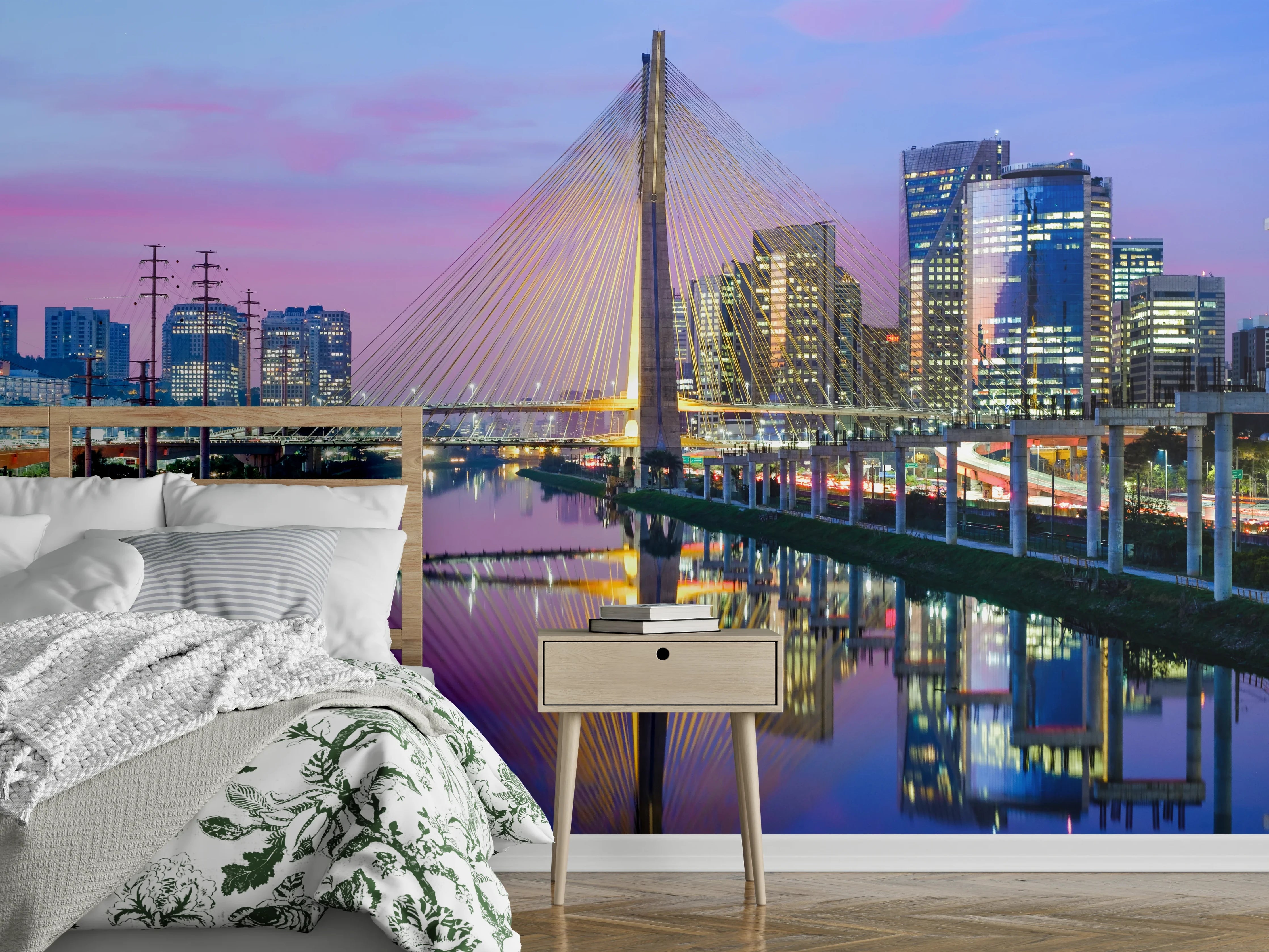 Wandverkleidung Schlafzimmer - São Paulo Skyline mit Brücke bei Dämmerung