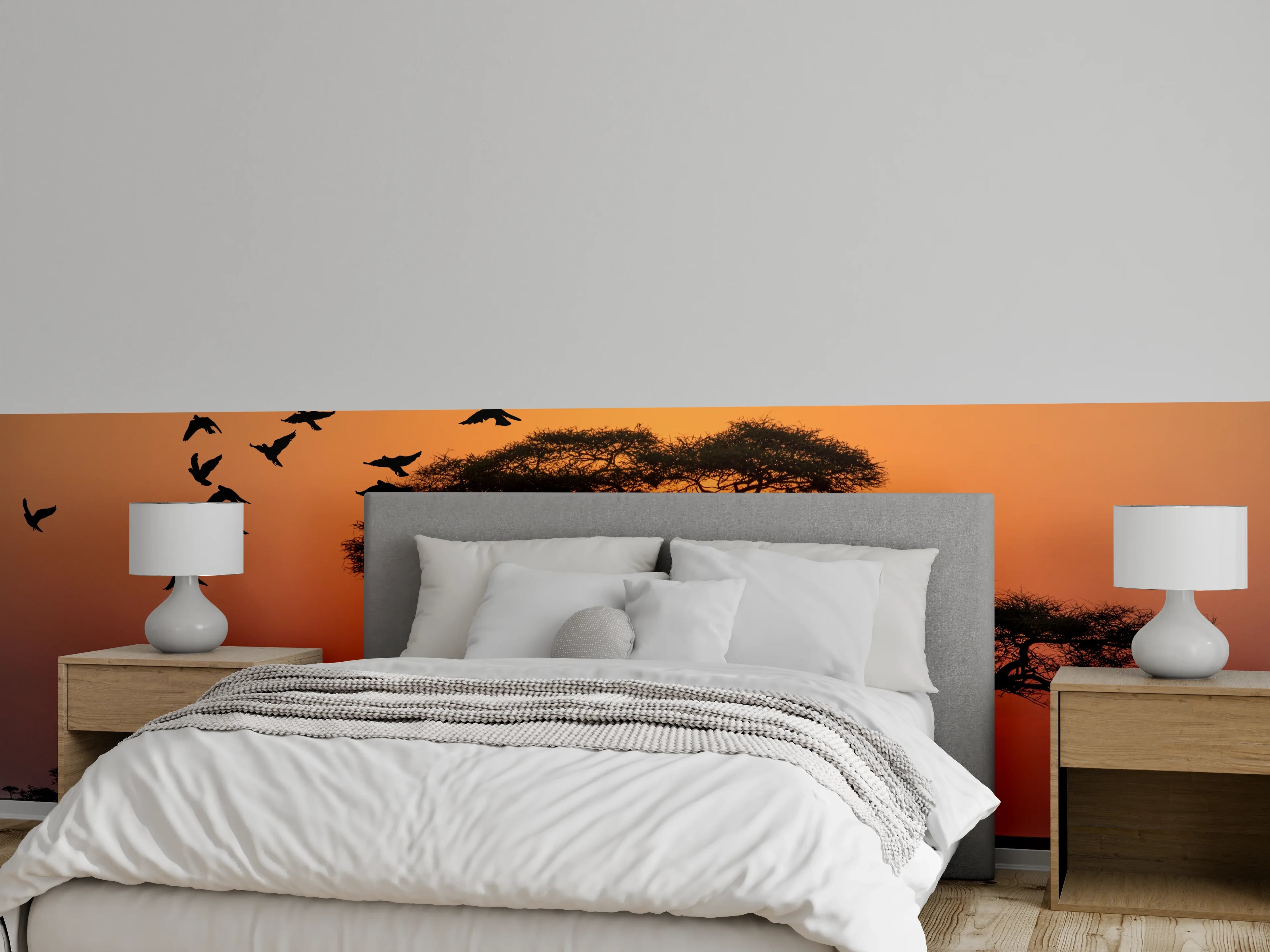 Wandverkleidung Schlafzimmer - Savanne bei Sonnenuntergang Wandbild