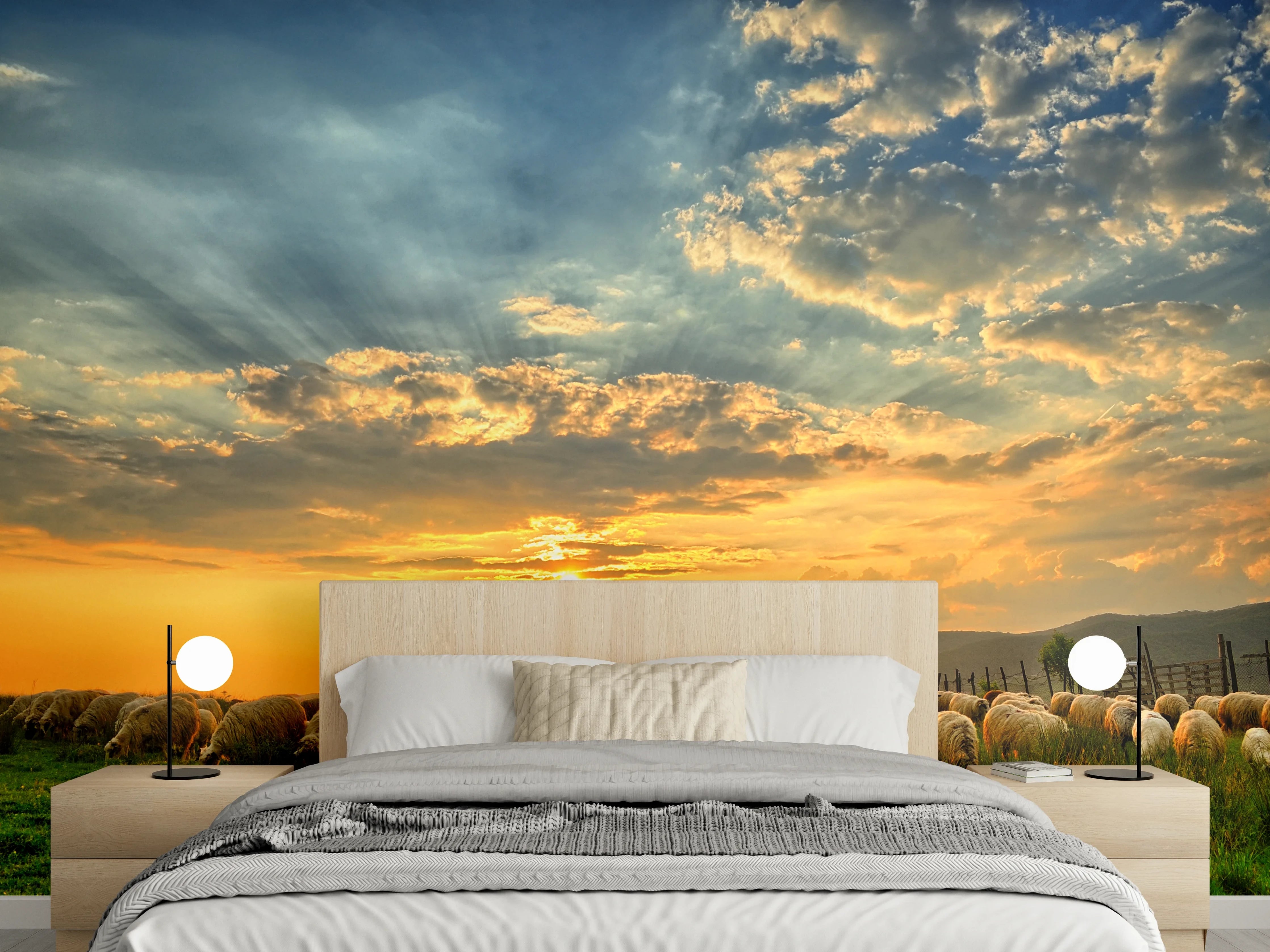 Wandverkleidung Schlafzimmer - Schafe auf Wiese beim Sonnenuntergang
