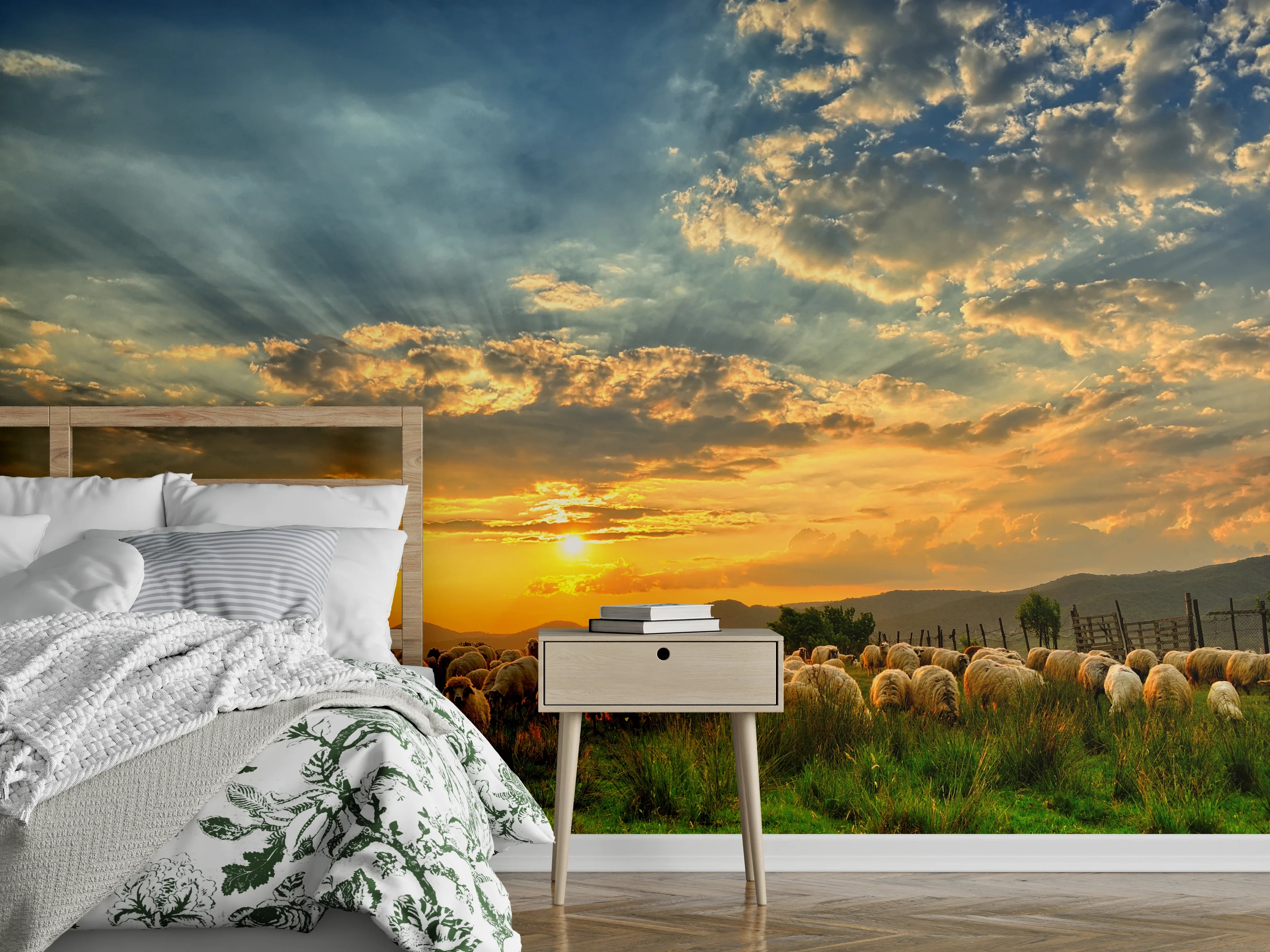 Wandverkleidung Schlafzimmer - Schafe auf Wiese beim Sonnenuntergang
