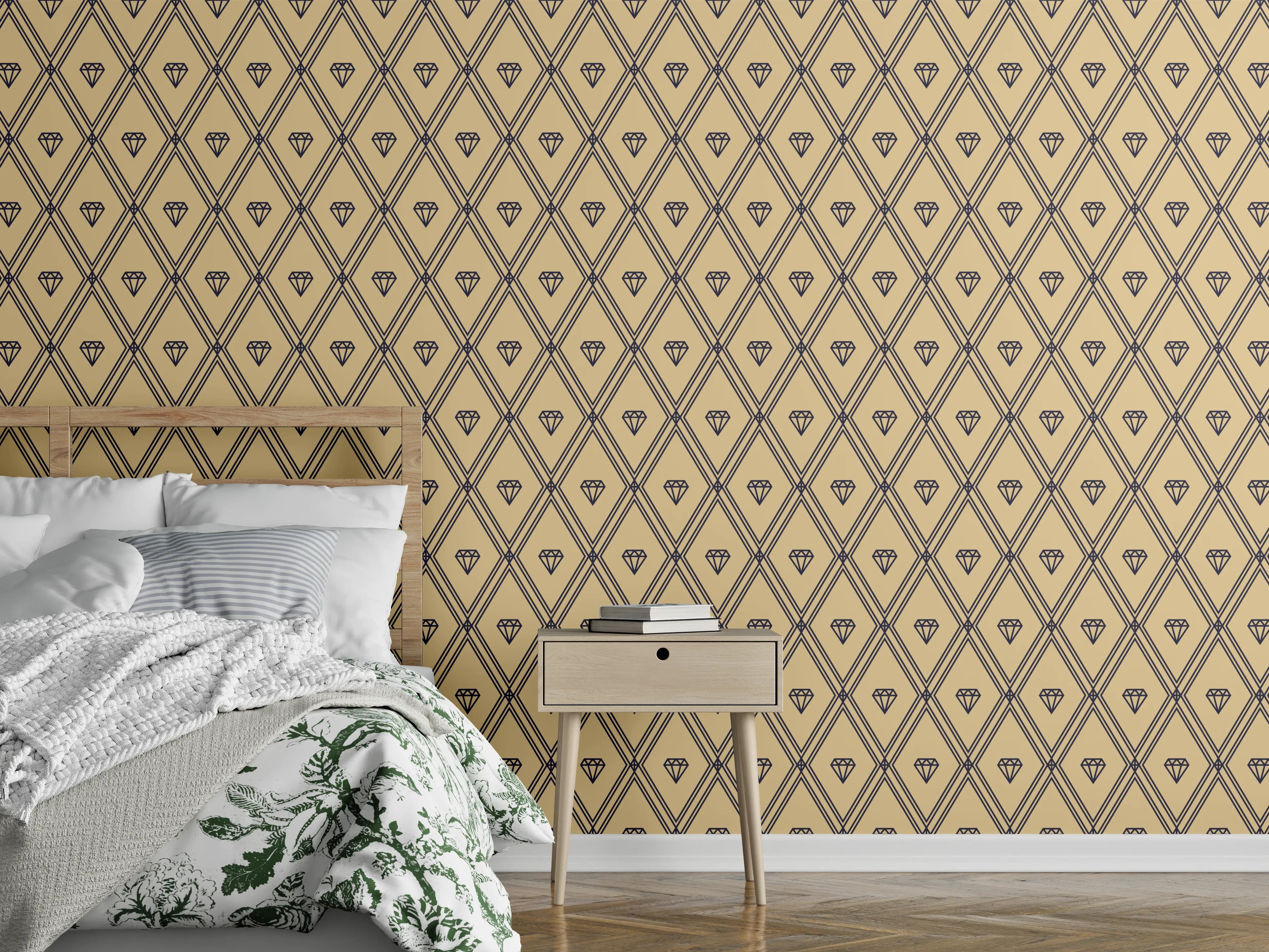 Wandverkleidung Schlafzimmer - Schimmernde Goldmuster auf grauweißem Untergrund