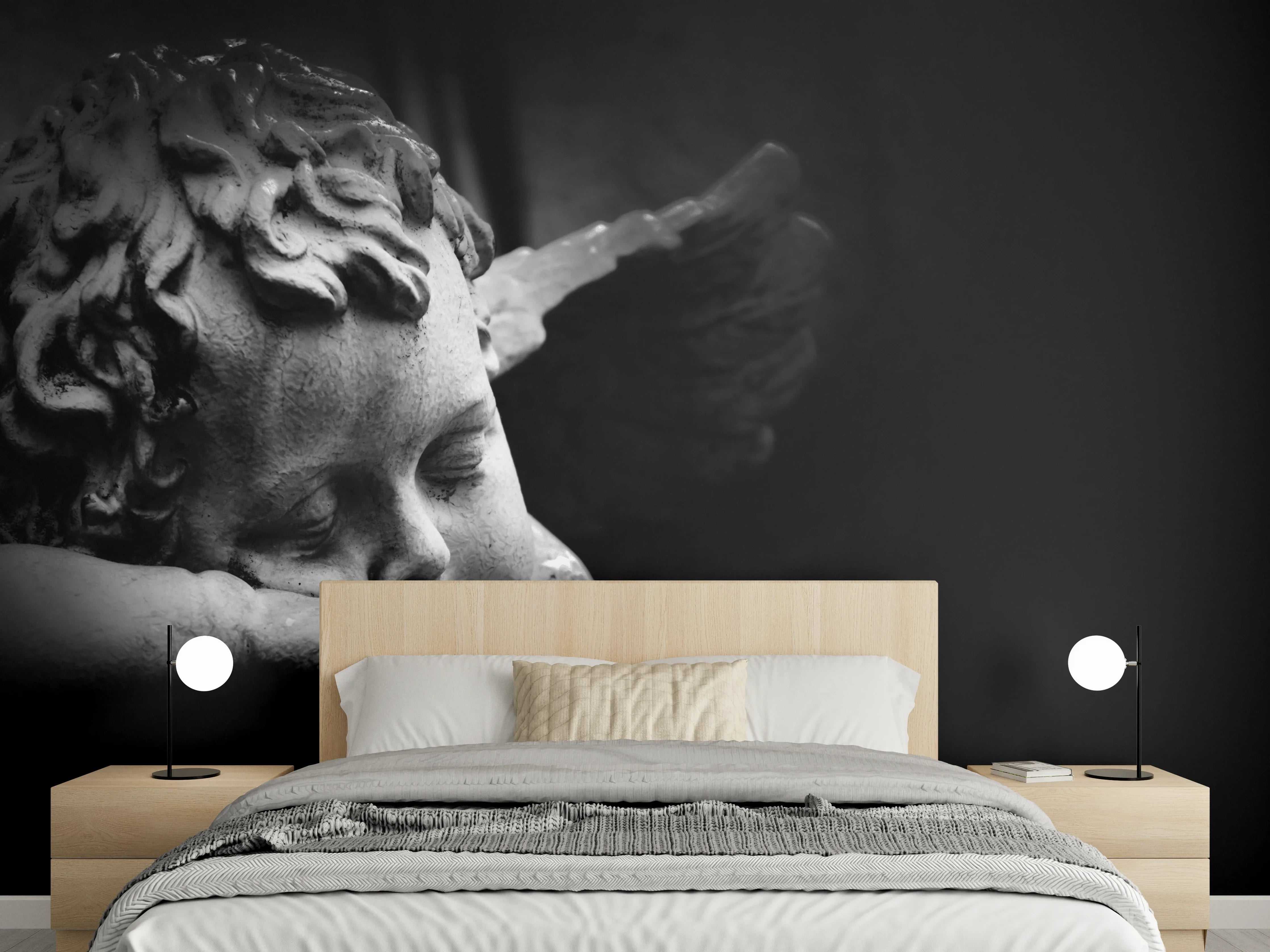 Wandverkleidung Schlafzimmer - Schlafender Engel in Schwarz-Weiß