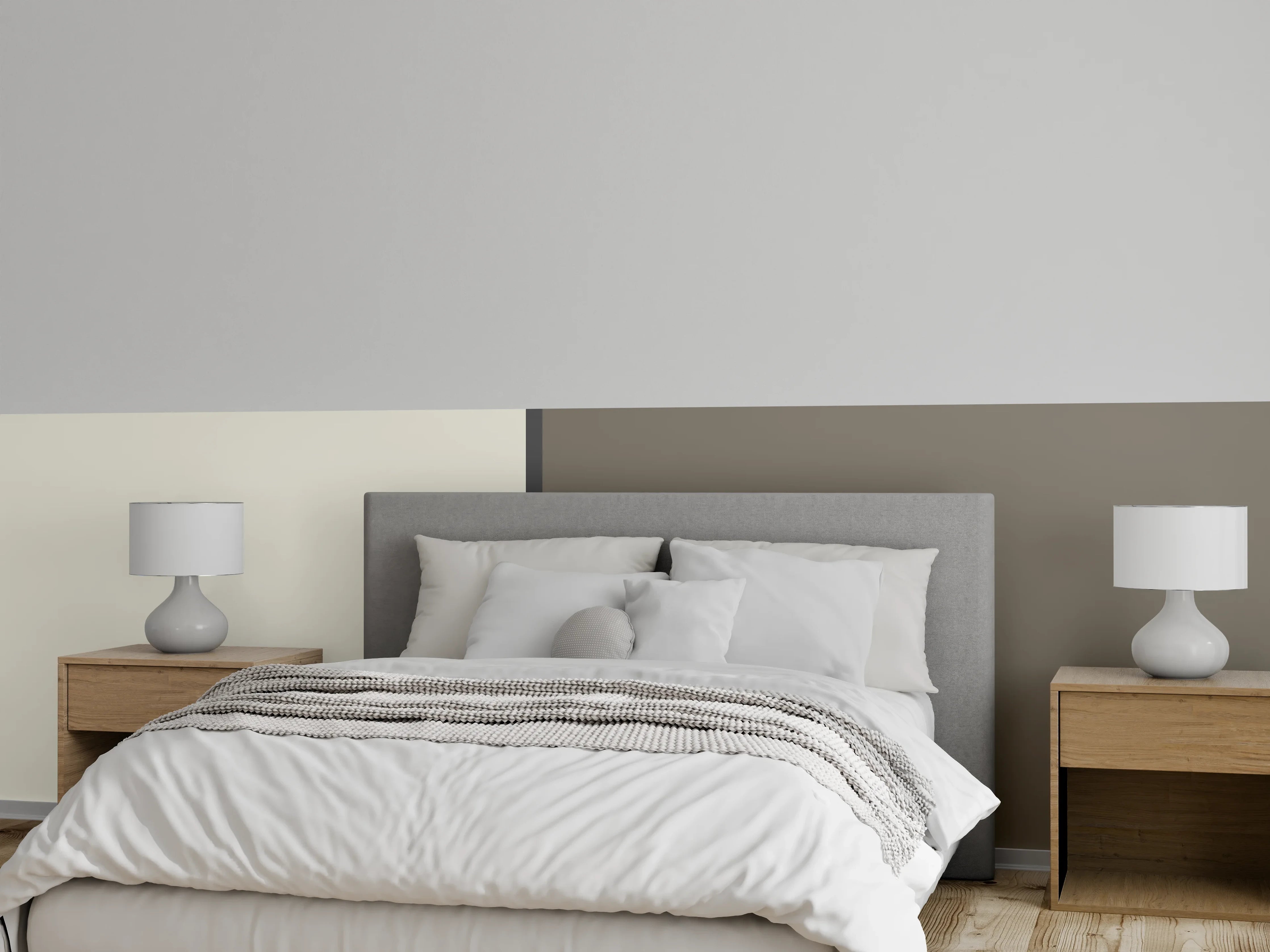 Wandverkleidung Schlafzimmer - Schlichte Wanddesign-Idee: Weiß und Taupe