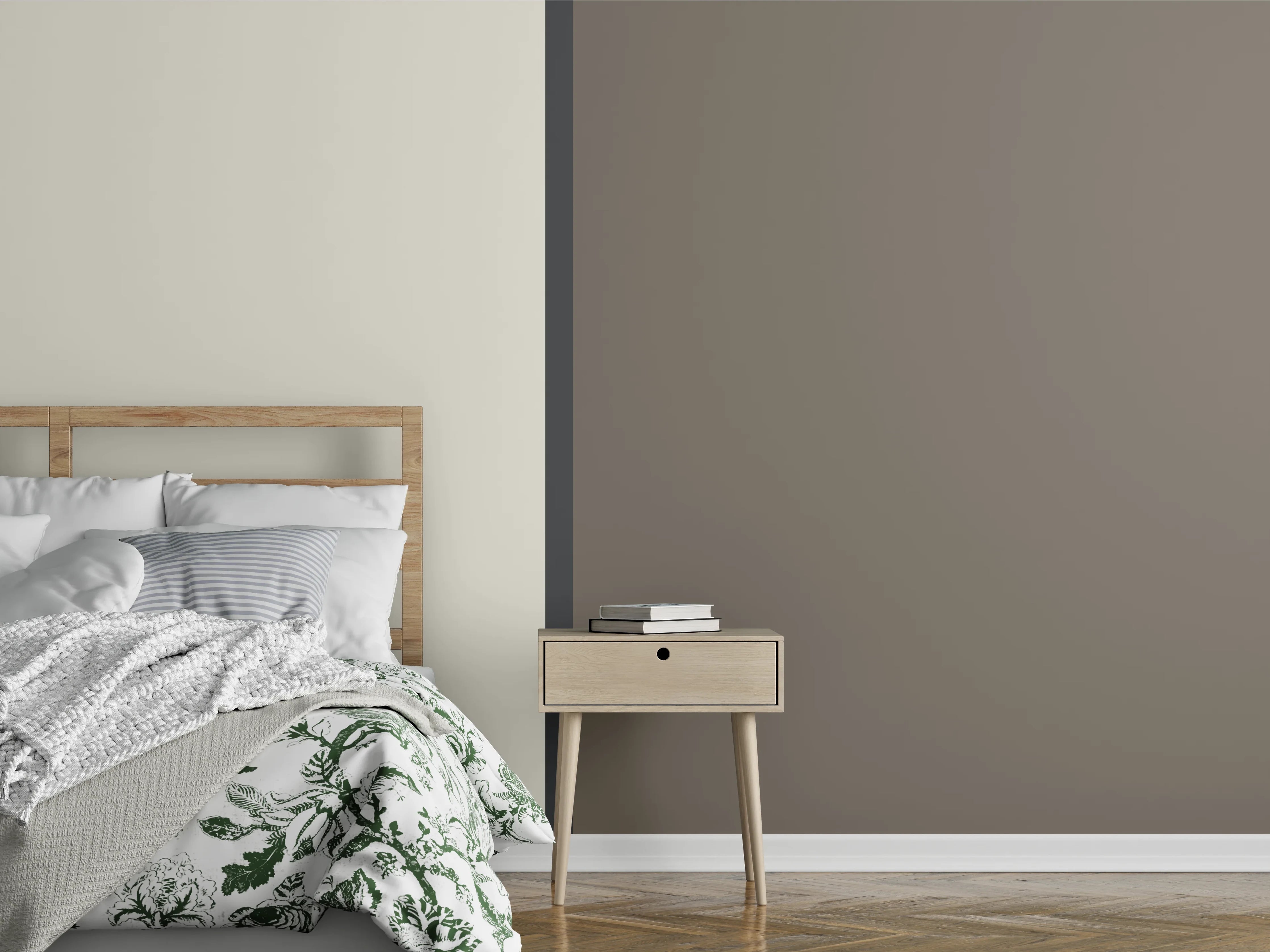 Wandverkleidung Schlafzimmer - Schlichte Wanddesign-Idee: Weiß und Taupe