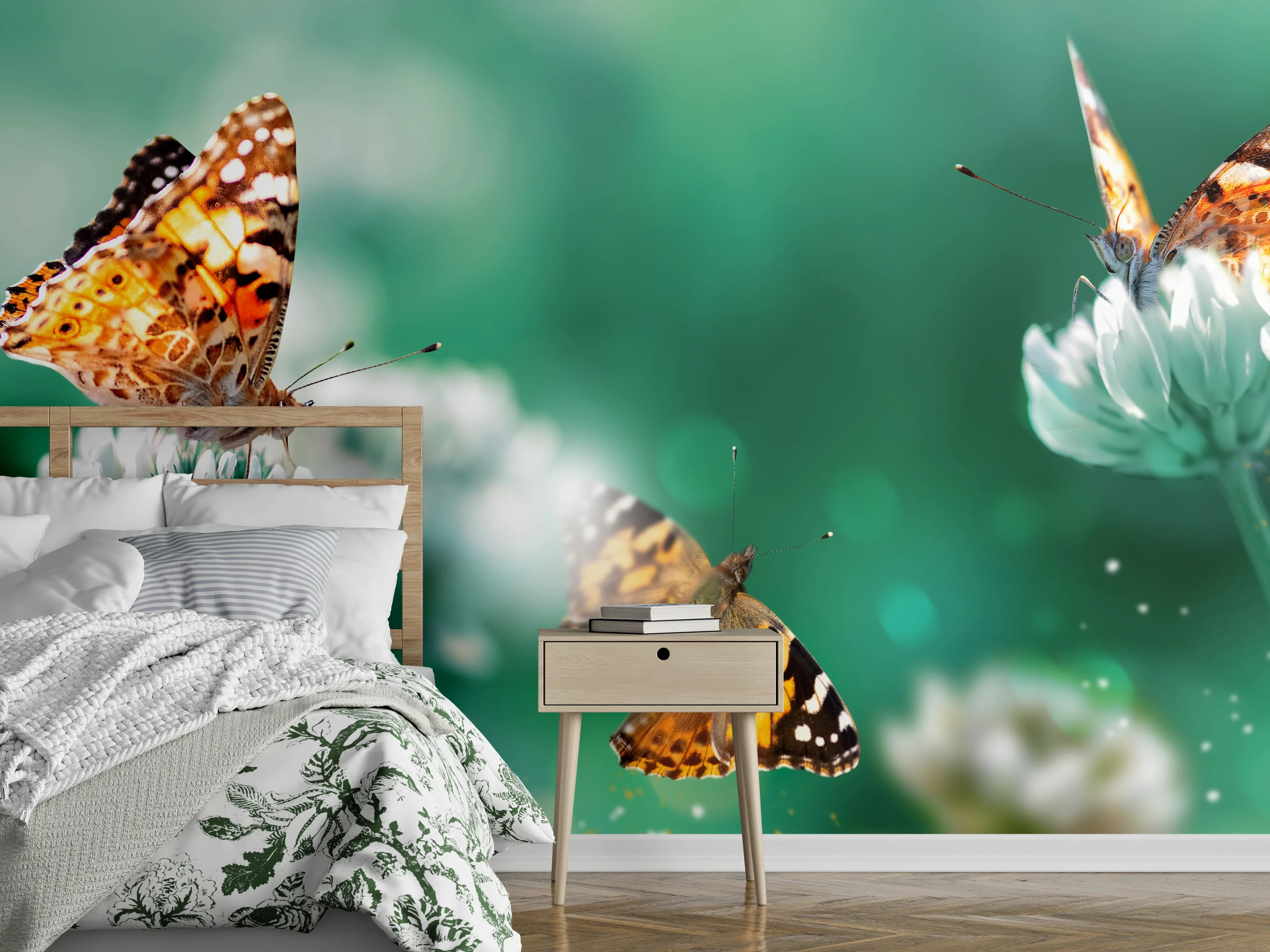 Wandverkleidung Schlafzimmer - Schmetterling auf Weißkleeblüten