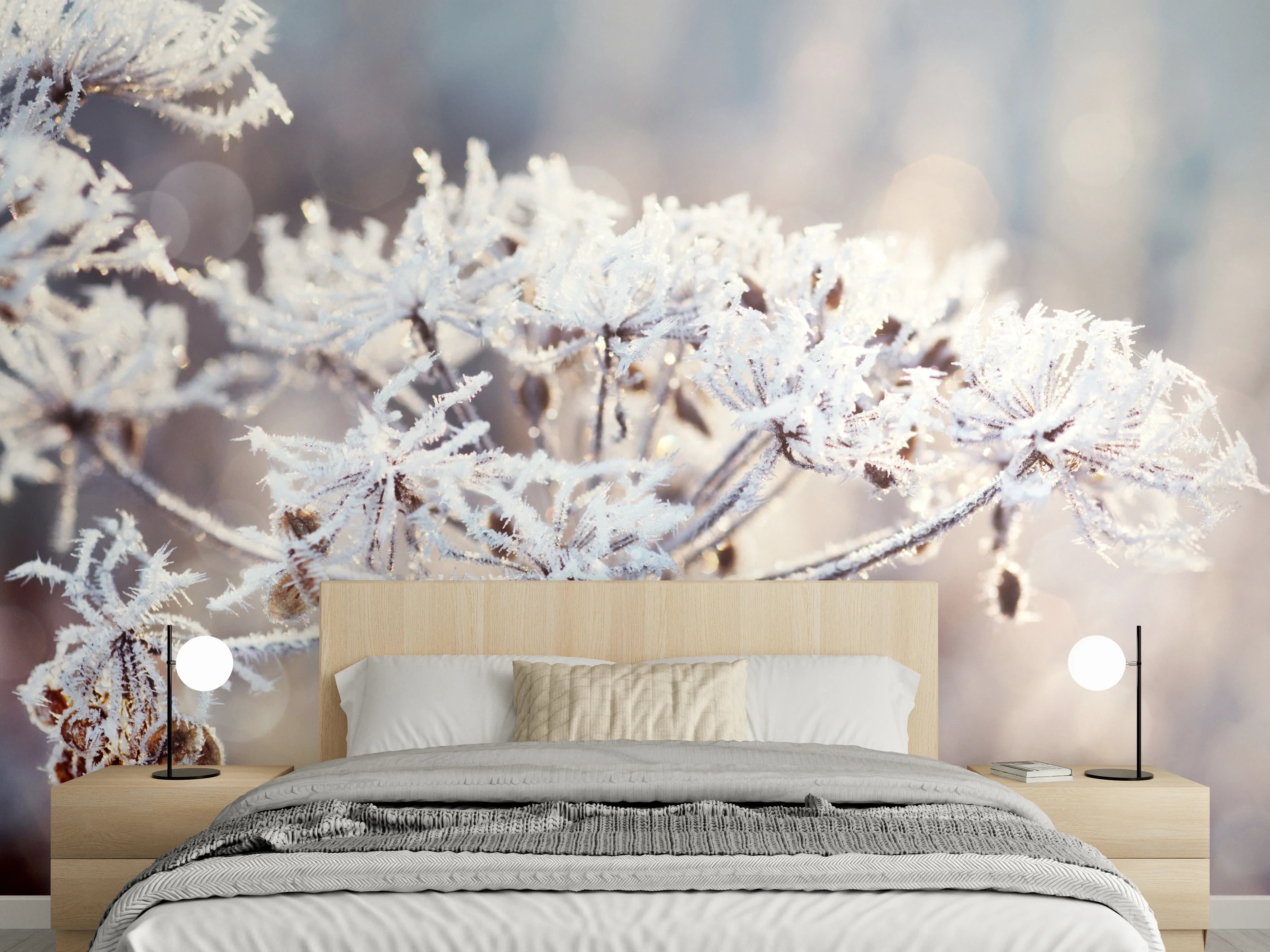 Wandverkleidung Schlafzimmer - Schneetau auf Pflanzen
