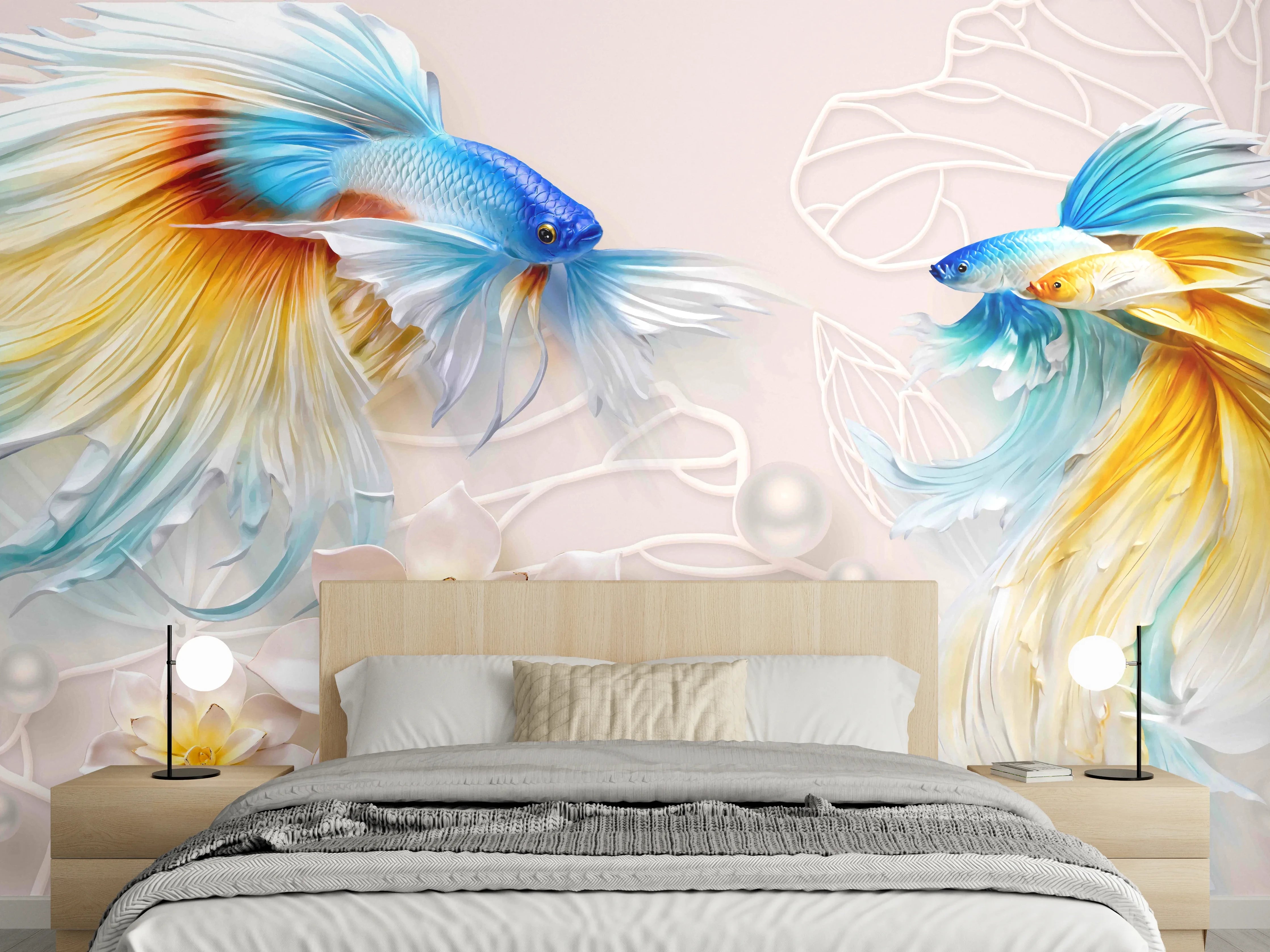Wandverkleidung Schlafzimmer - Schöne Fische auf Rosa Hintergrund