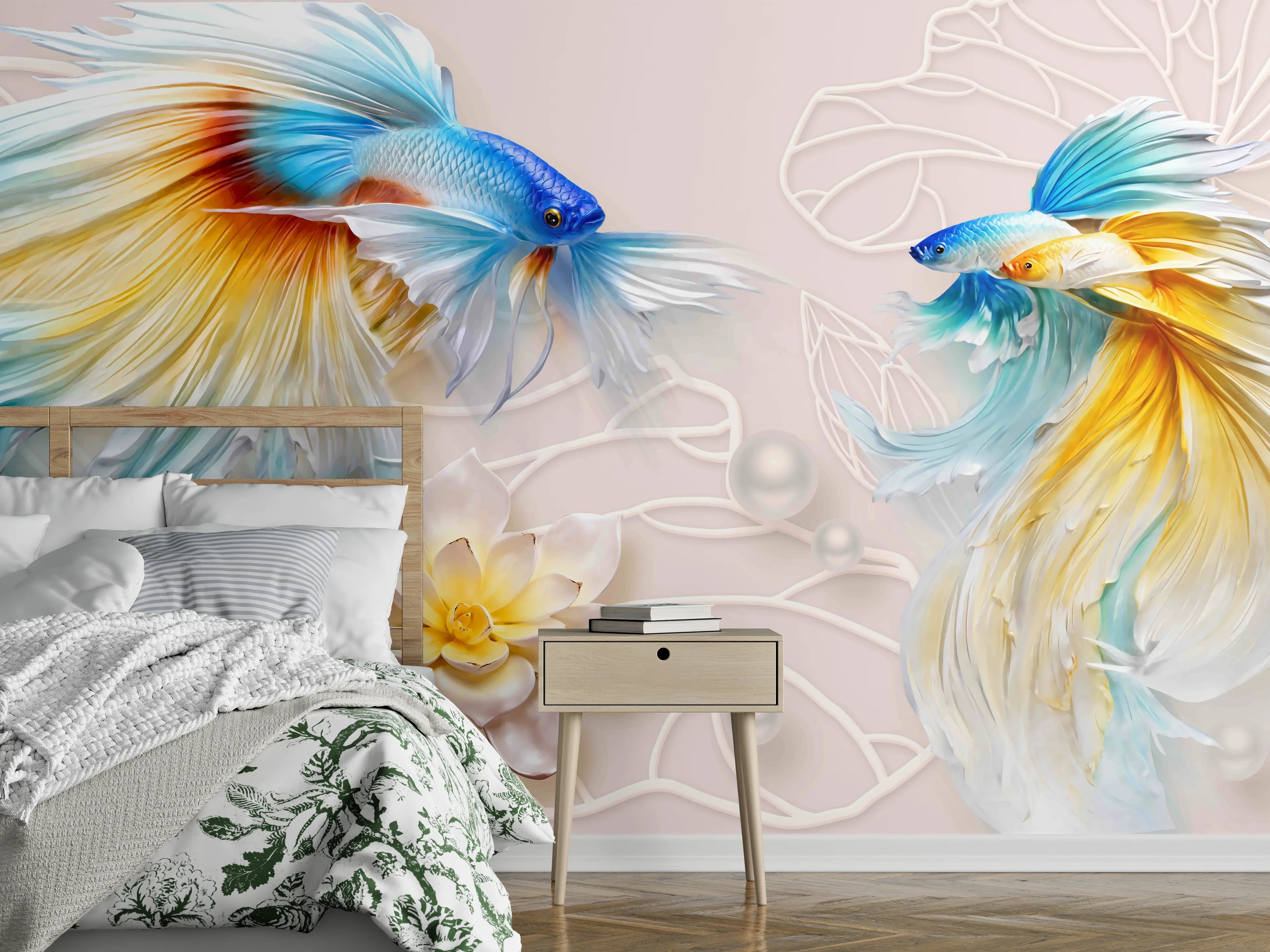 Wandverkleidung Schlafzimmer - Schöne Fische auf Rosa Hintergrund