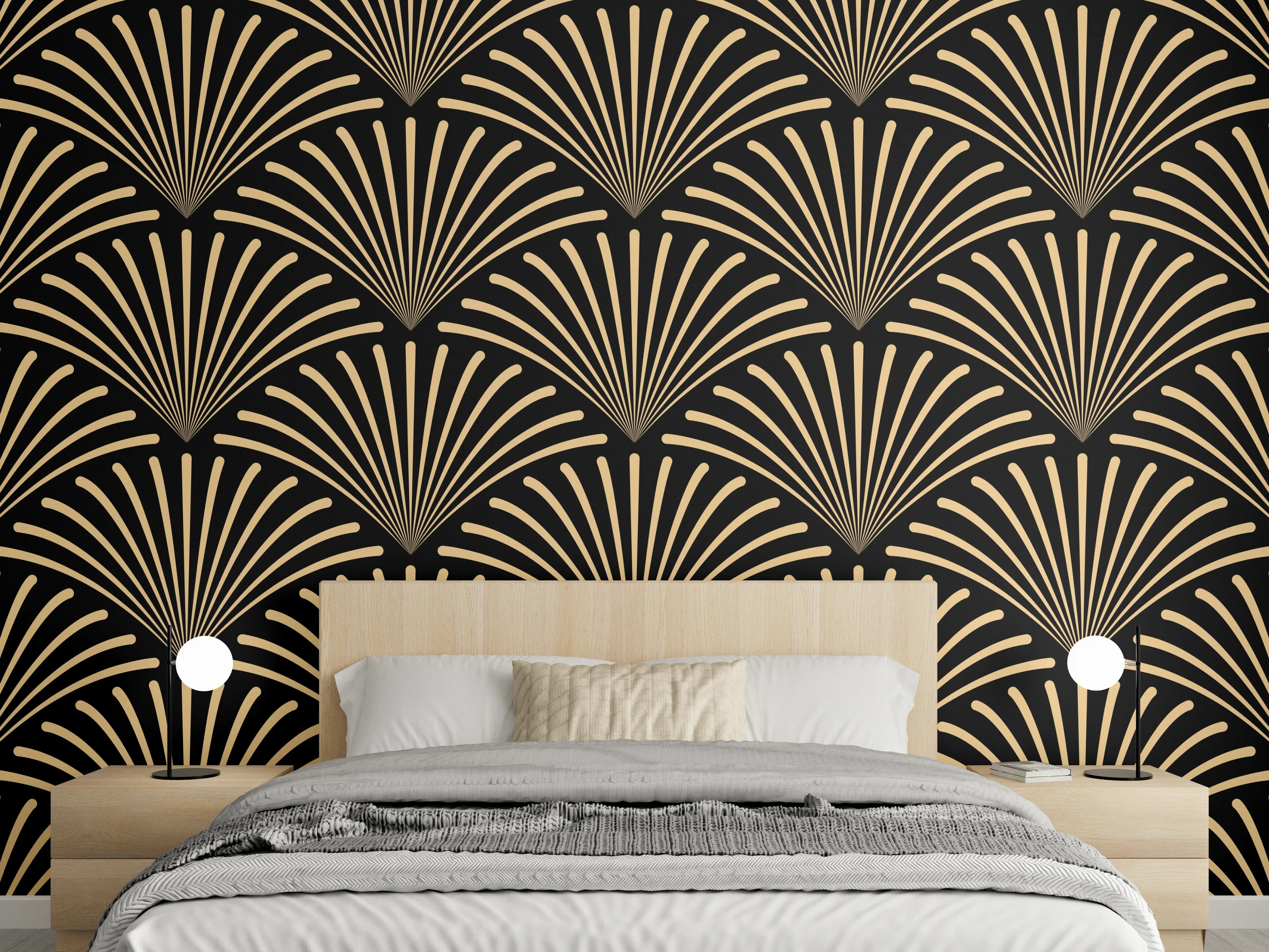 Wandverkleidung Schlafzimmer - Schwarz-Goldenes Wellenmuster