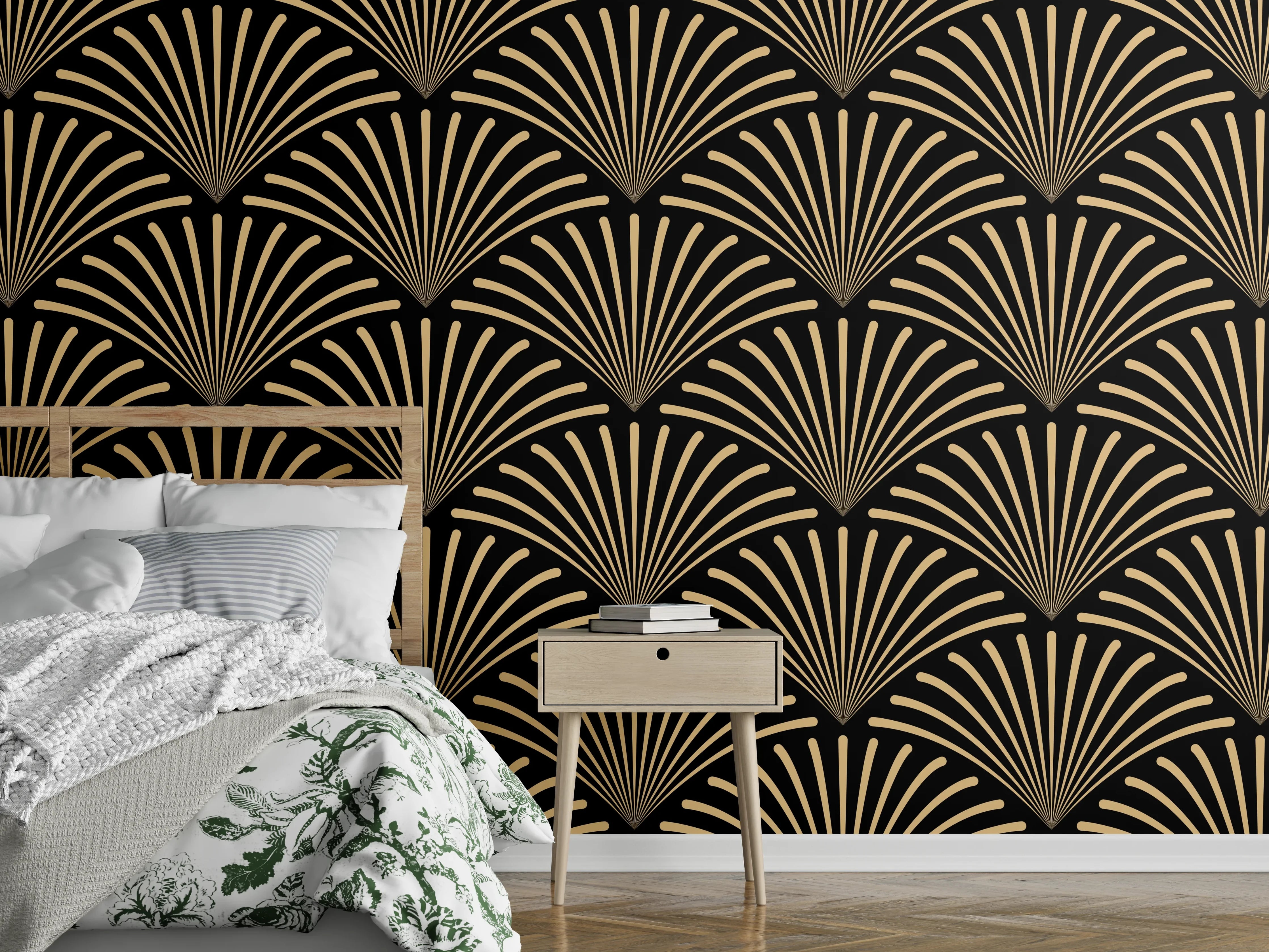 Wandverkleidung Schlafzimmer - Schwarz-Goldenes Wellenmuster