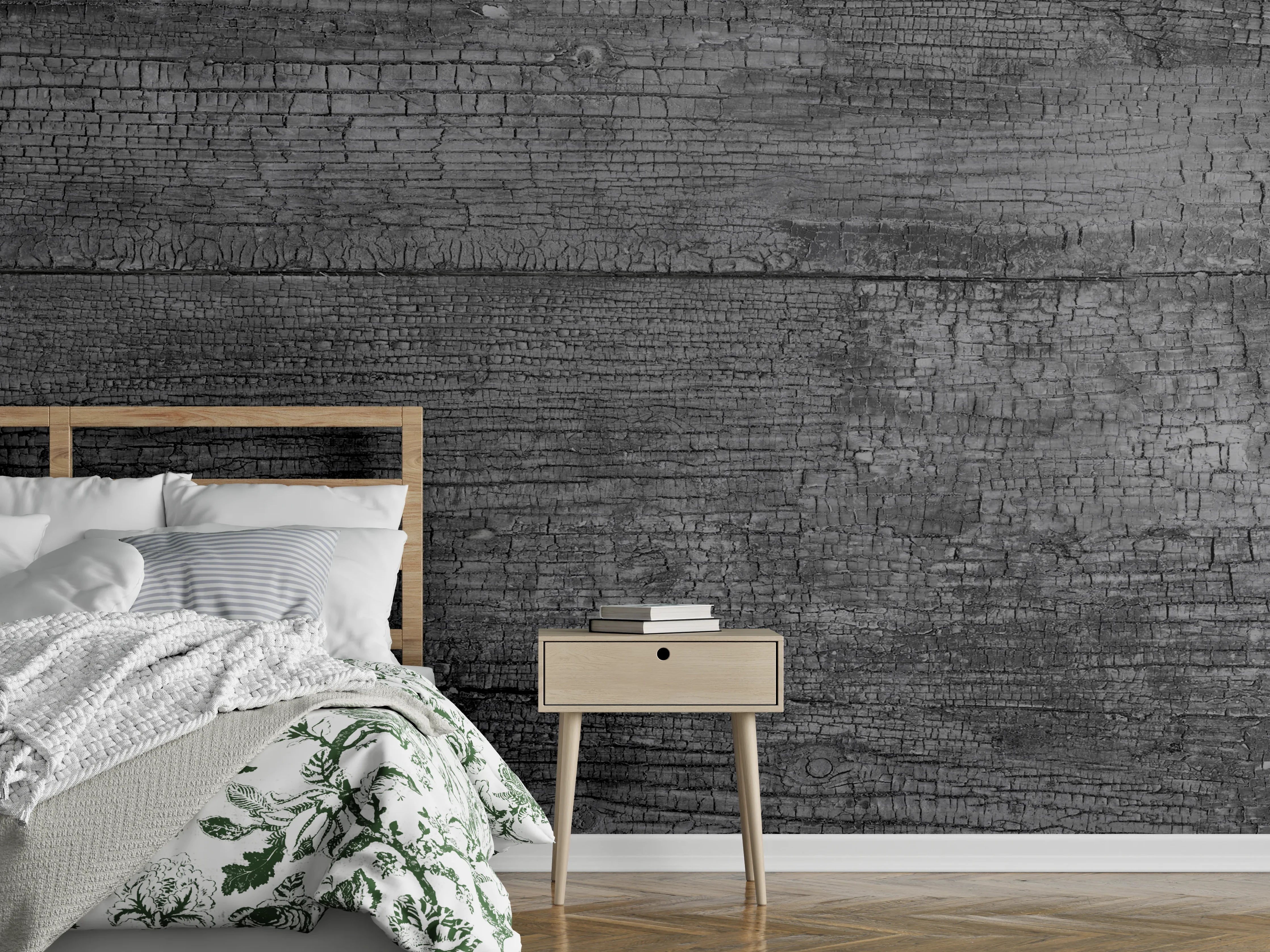 Wandverkleidung Schlafzimmer - Schwarz-Graue Holztextur