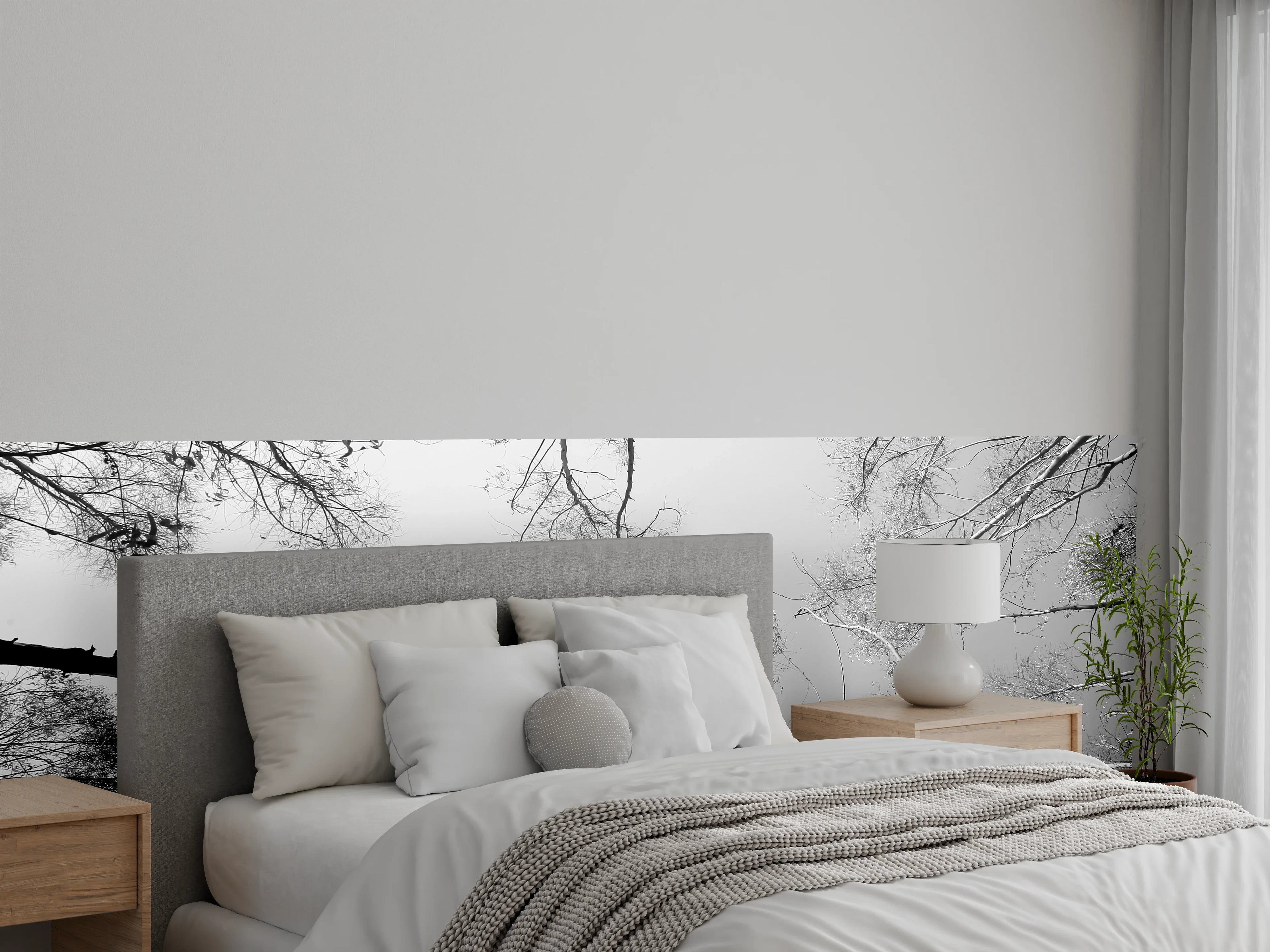 Wandverkleidung Schlafzimmer - Schwarz-Weiß Baumkronen aus der Froschperspektive
