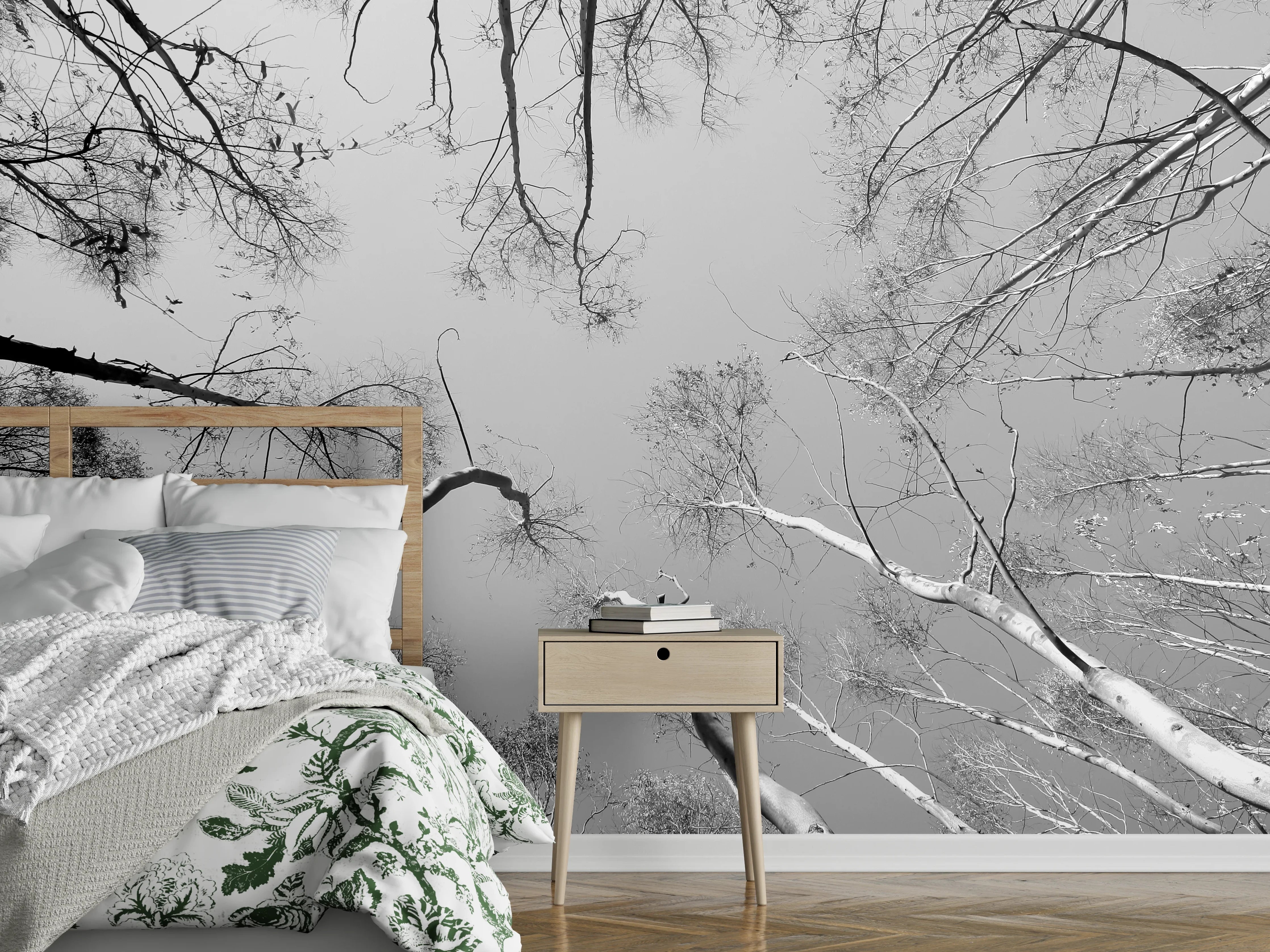Wandverkleidung Schlafzimmer - Schwarz-Weiß Baumkronen aus der Froschperspektive