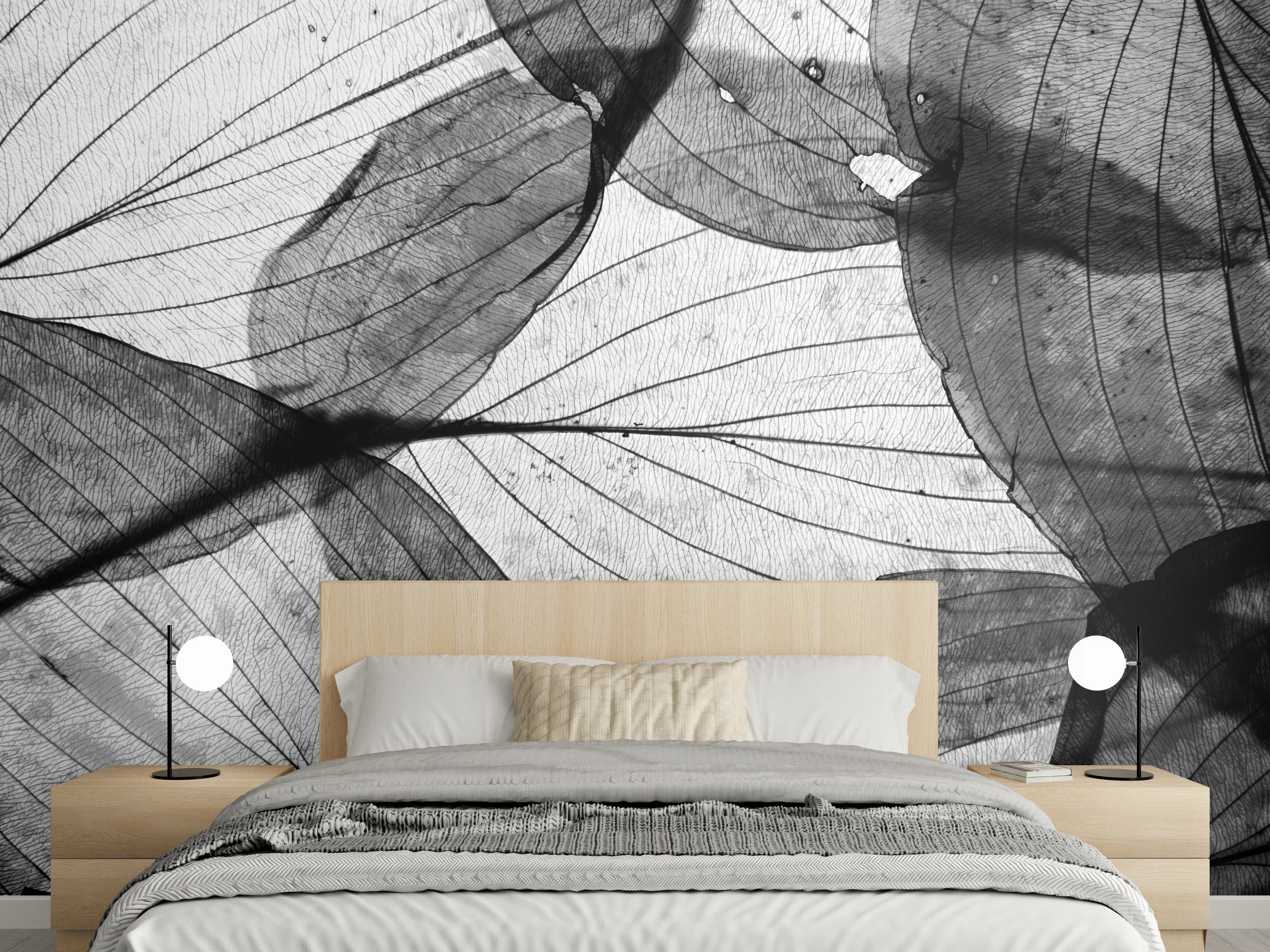 Wandverkleidung Schlafzimmer - Schwarz-Weiß Blätter Tapete