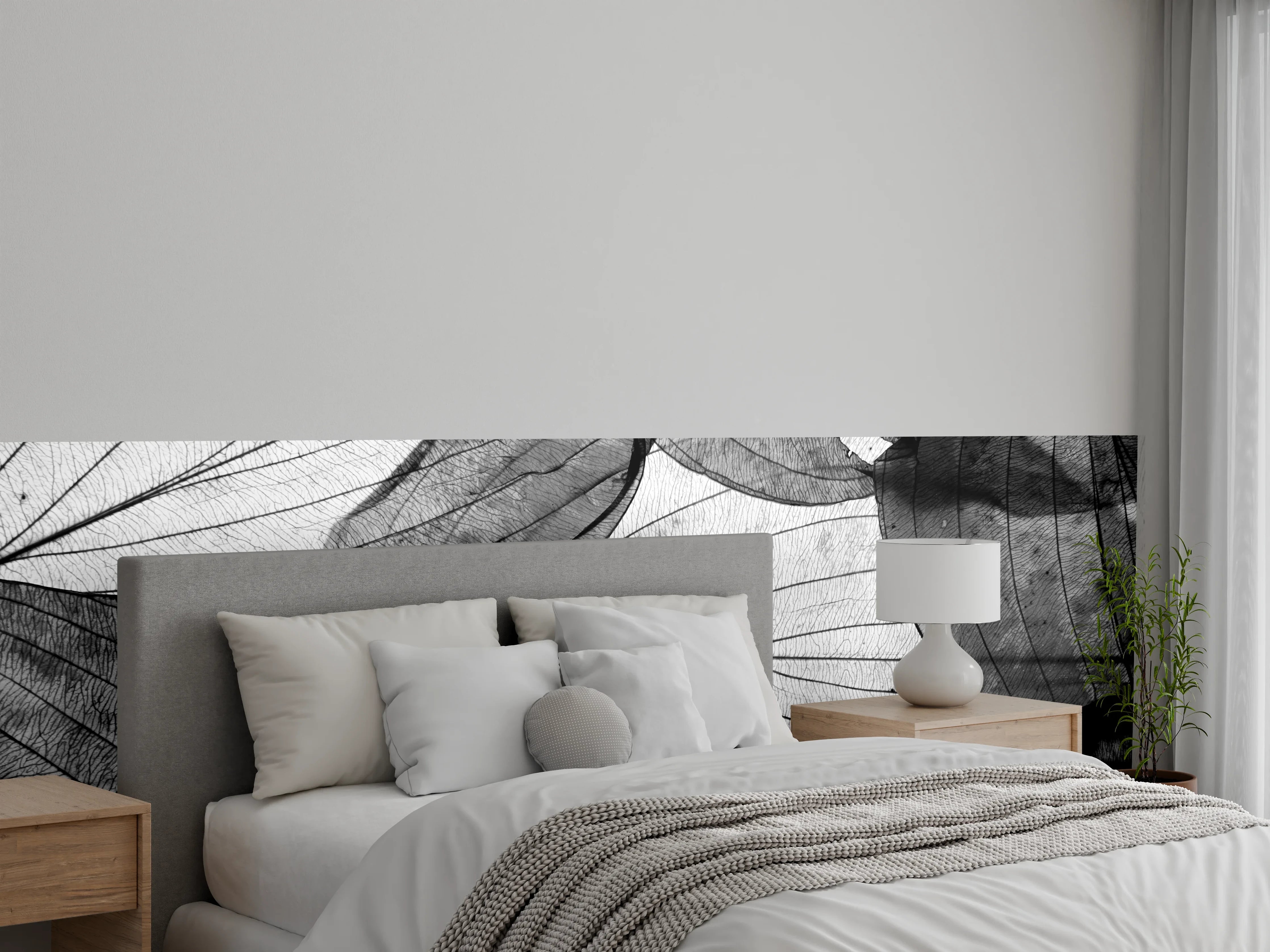 Wandverkleidung Schlafzimmer - Schwarz-Weiß Blätter Tapete