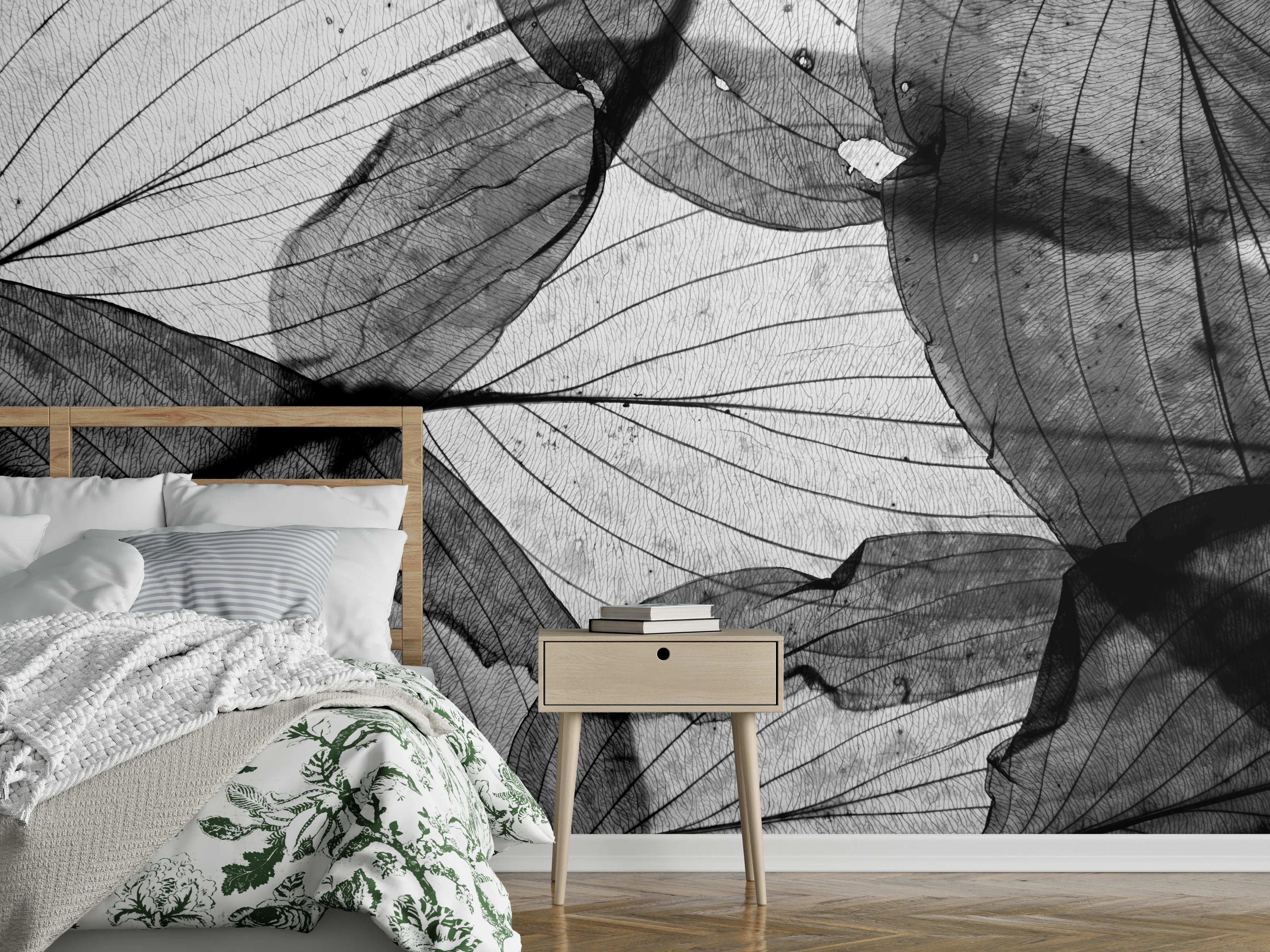 Wandverkleidung Schlafzimmer - Schwarz-Weiß Blätter Tapete
