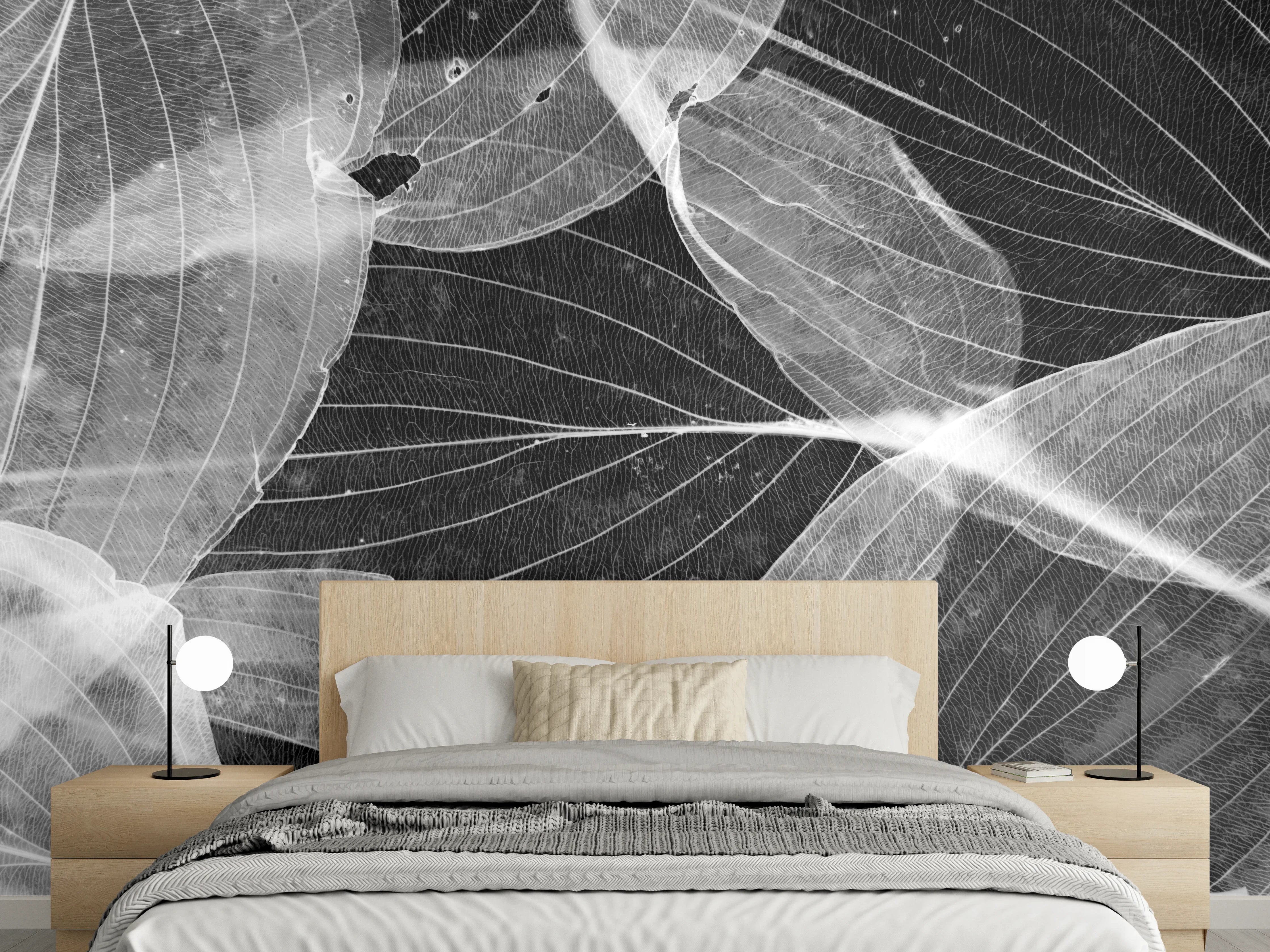Wandverkleidung Schlafzimmer - Schwarz-Weiß-Blätter mit filigranen Linien