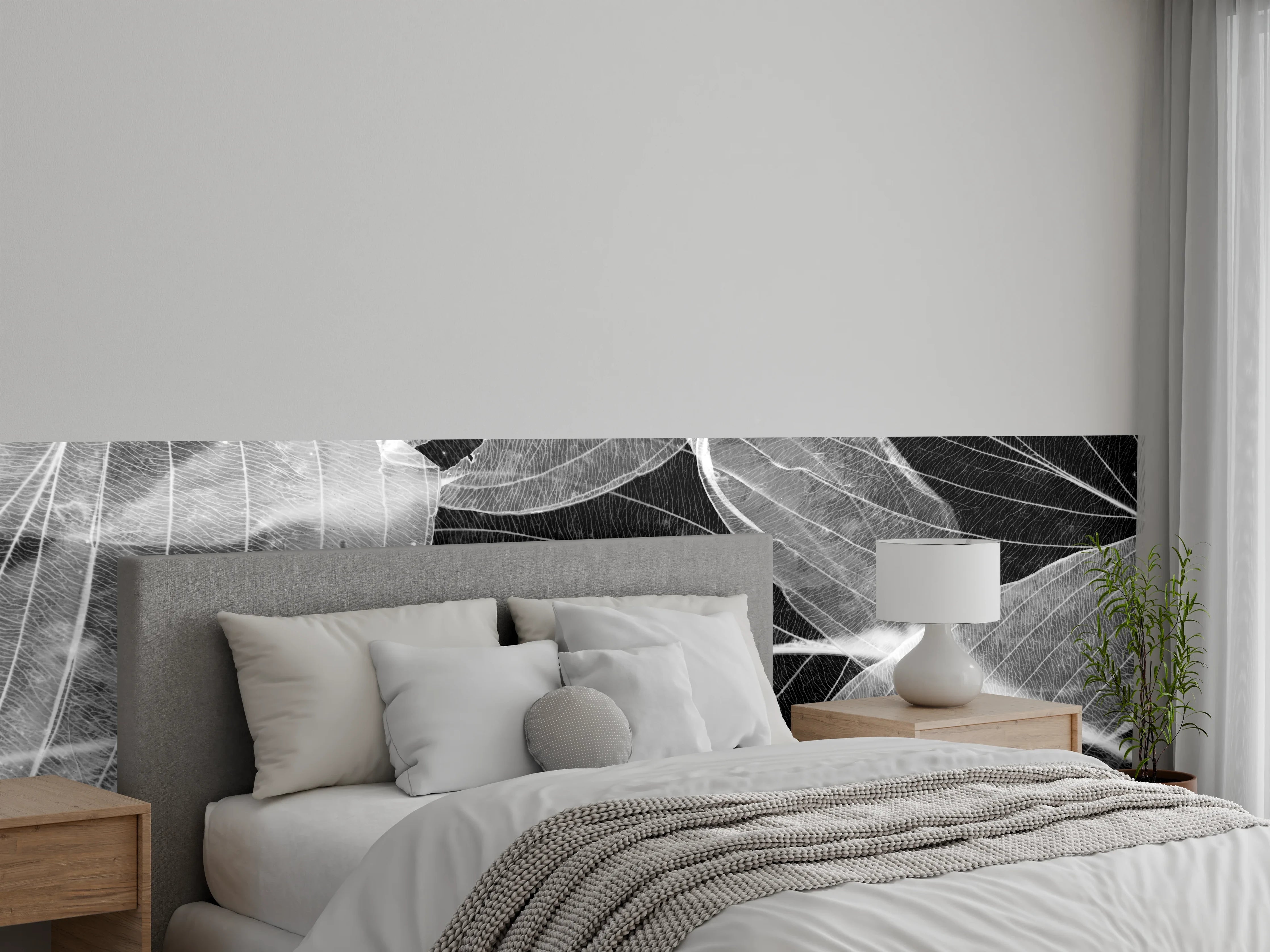 Wandverkleidung Schlafzimmer - Schwarz-Weiß-Blätter mit filigranen Linien