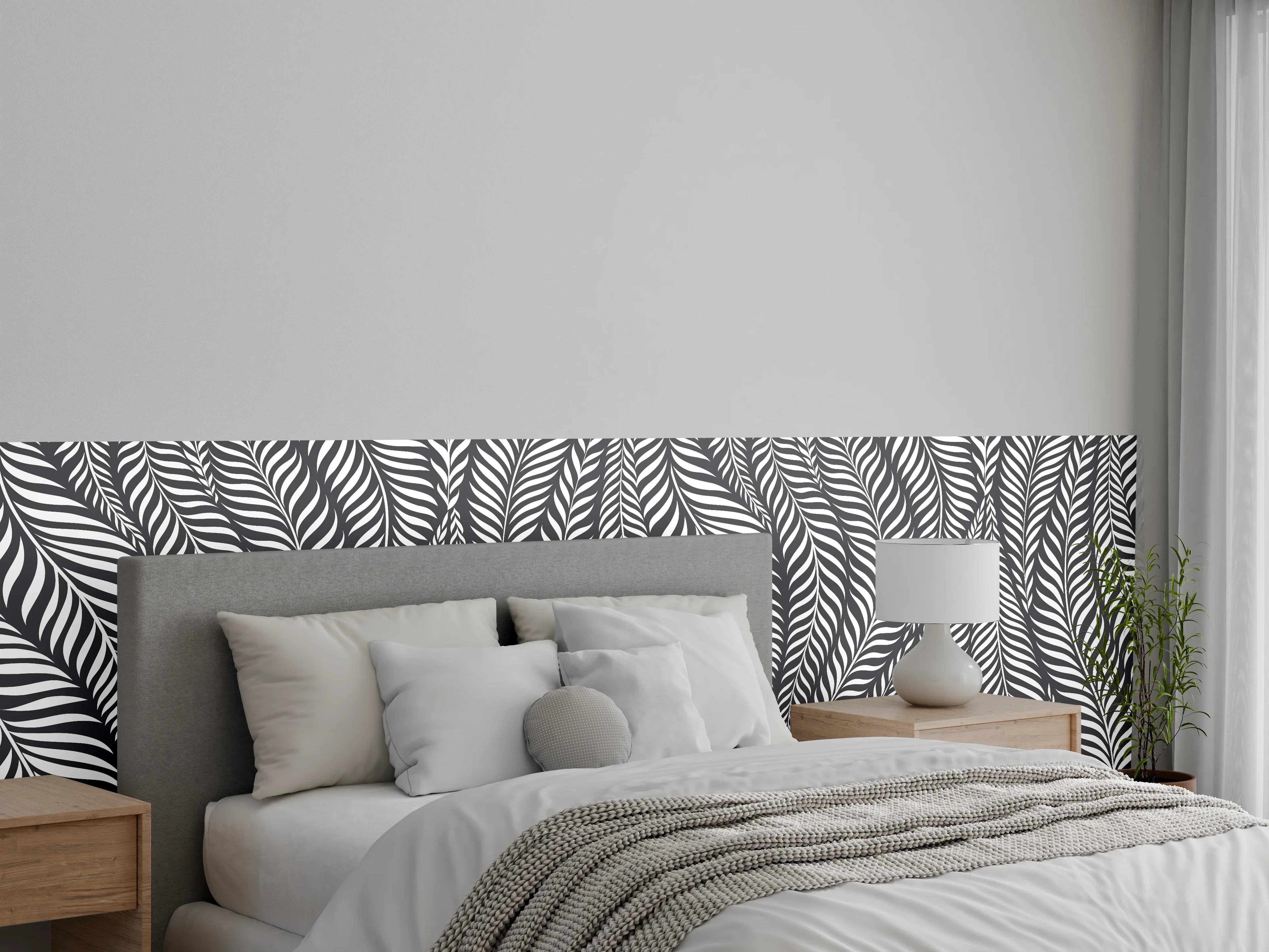 Wandverkleidung Schlafzimmer - Schwarz-Weiß Blattmuster mit feiner Linienzeichnung