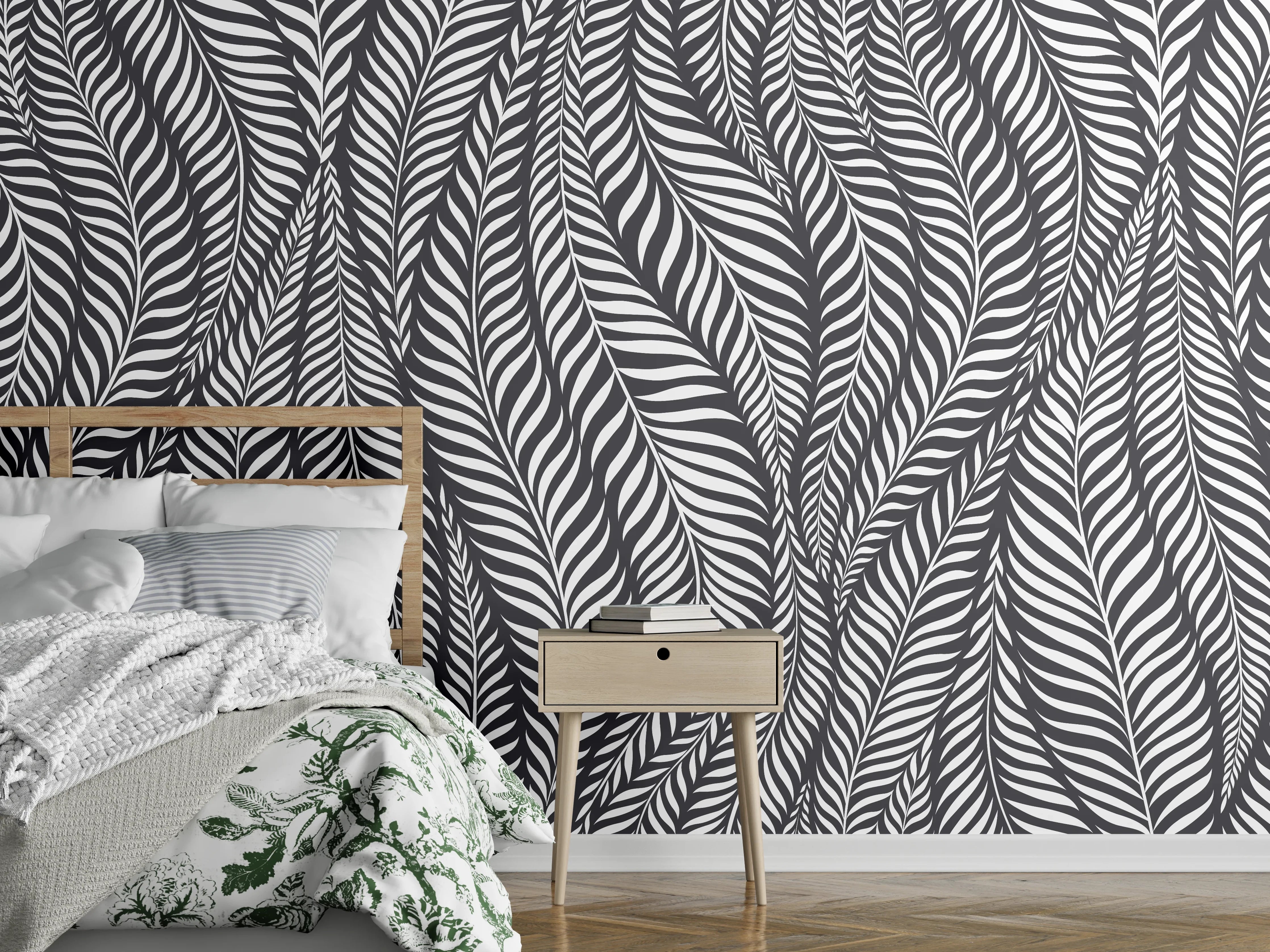 Wandverkleidung Schlafzimmer - Schwarz-Weiß Blattmuster mit feiner Linienzeichnung