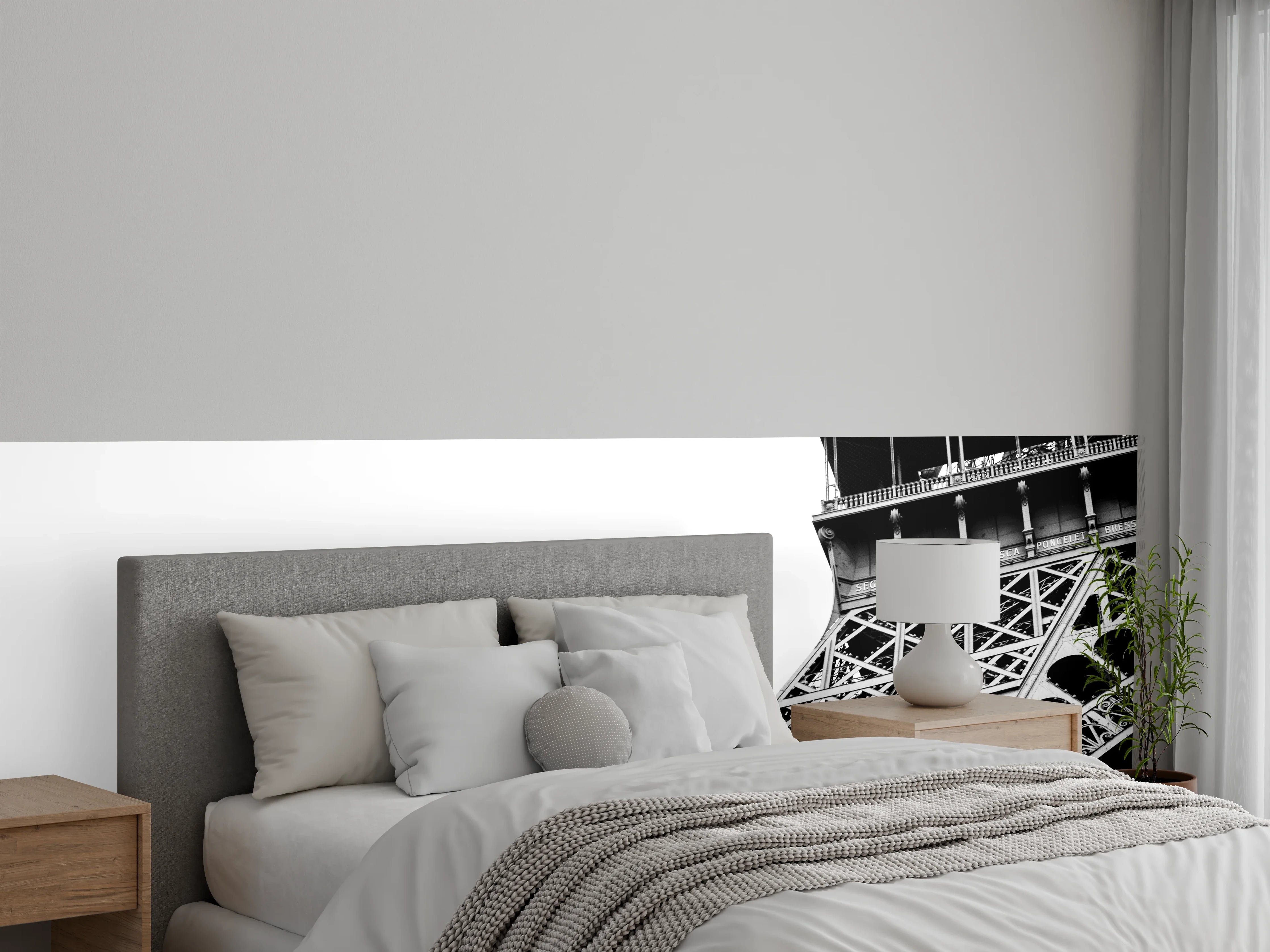 Wandverkleidung Schlafzimmer - Schwarz-Weiß Eiffelturm mit Flugzeug