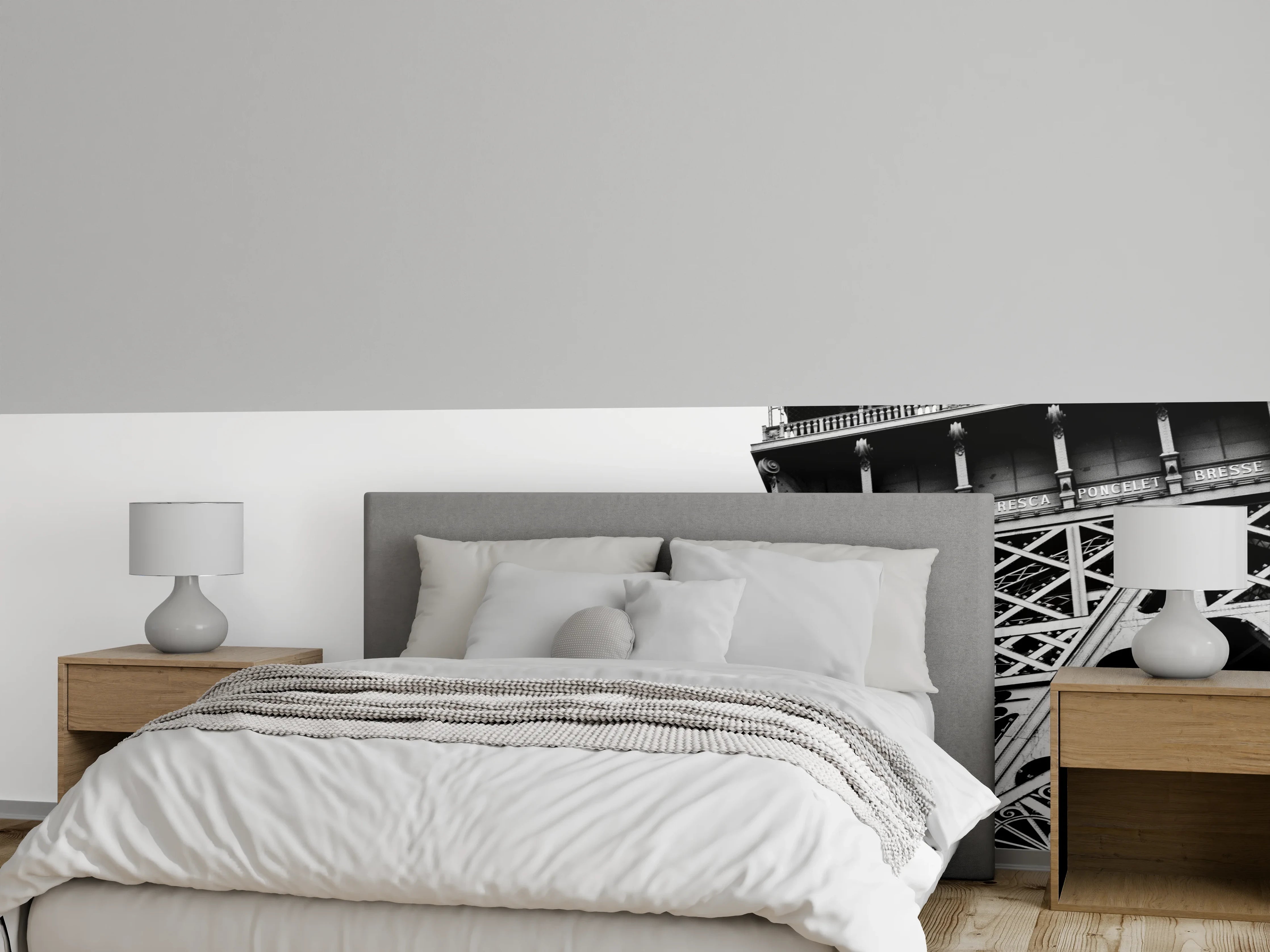 Wandverkleidung Schlafzimmer - Schwarz-Weiß Eiffelturm mit Flugzeug