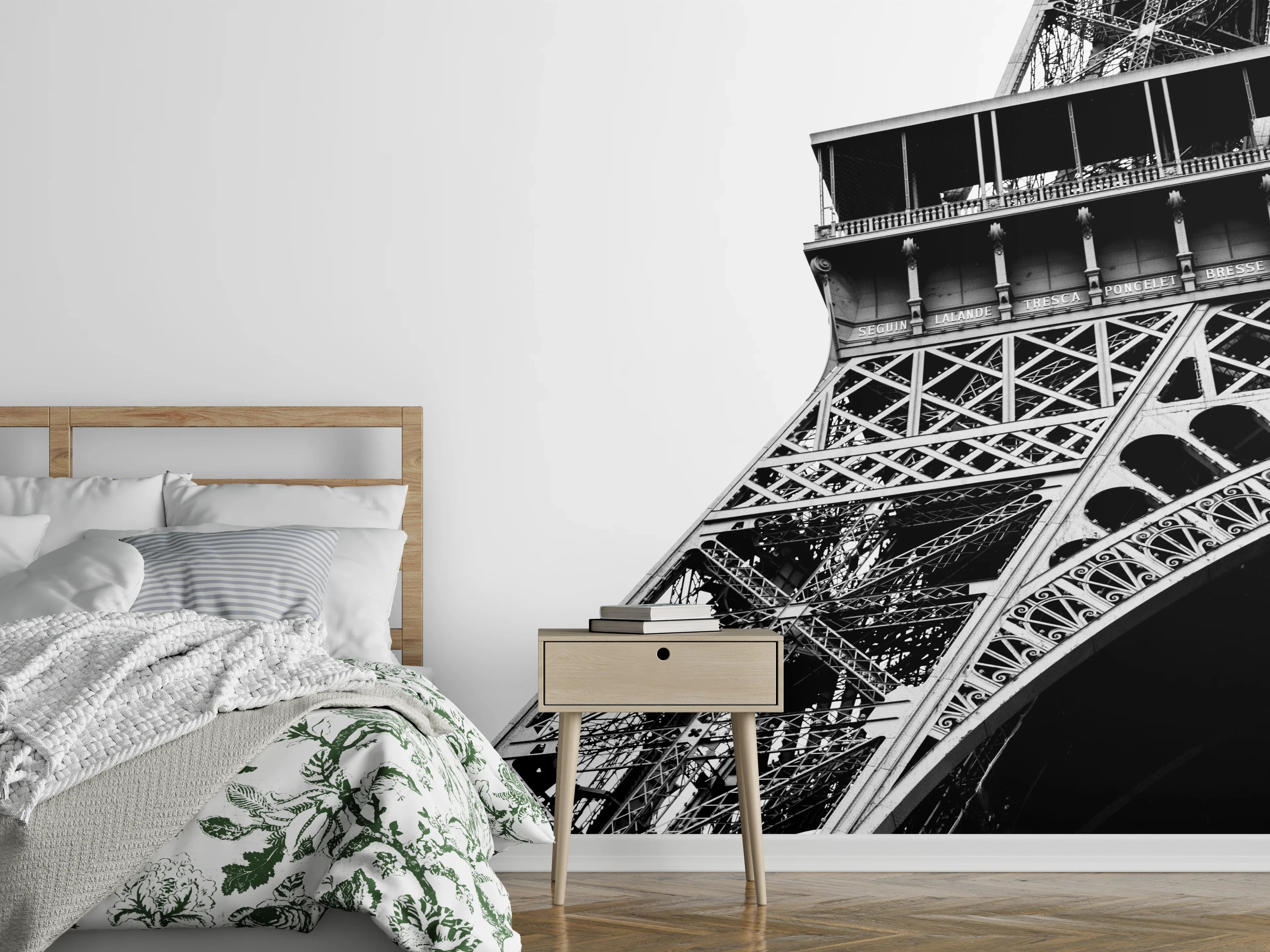 Wandverkleidung Schlafzimmer - Schwarz-Weiß Eiffelturm mit Flugzeug
