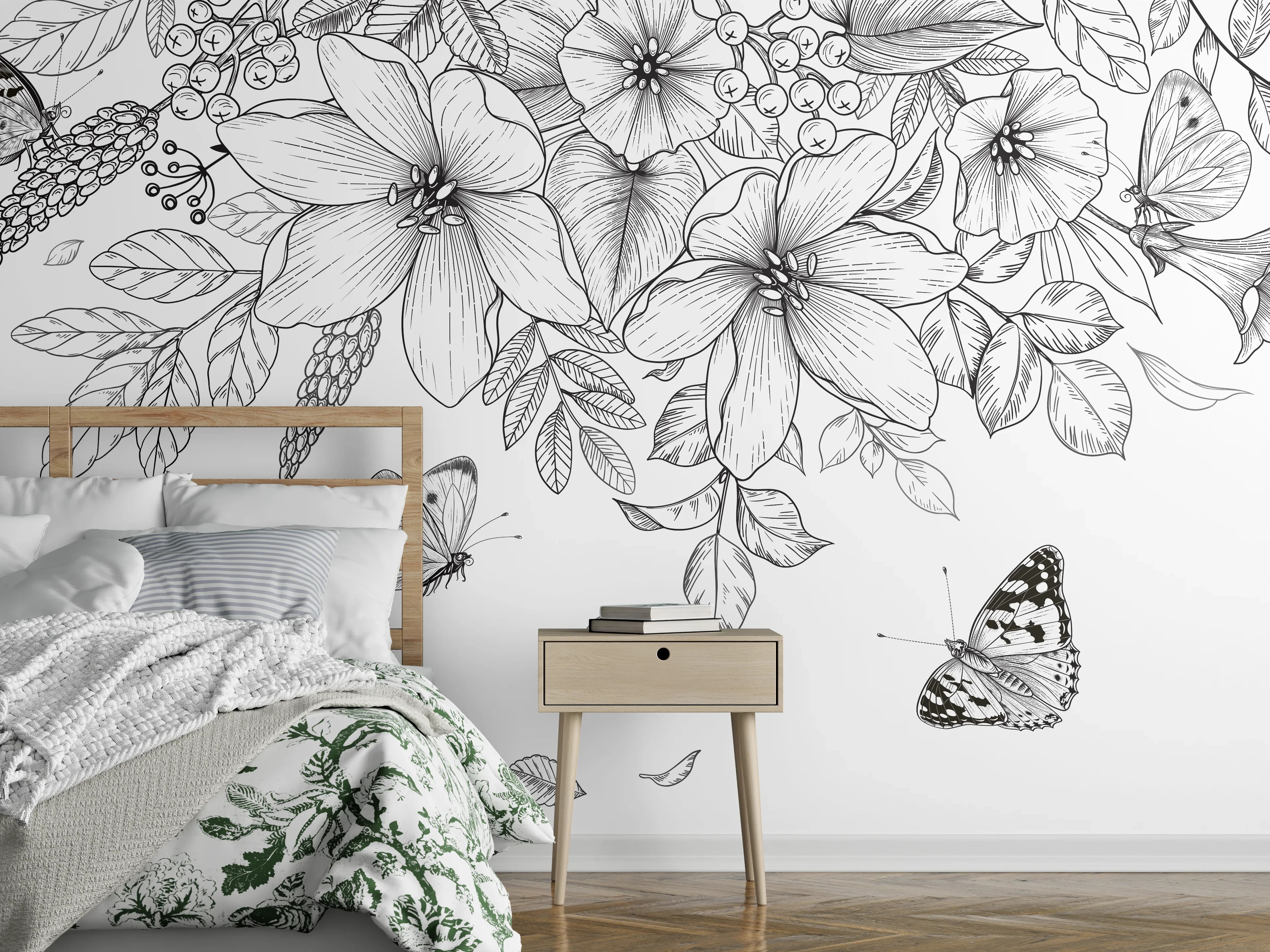 Wandverkleidung Schlafzimmer - Schwarz-Weiß Floralzeichnung