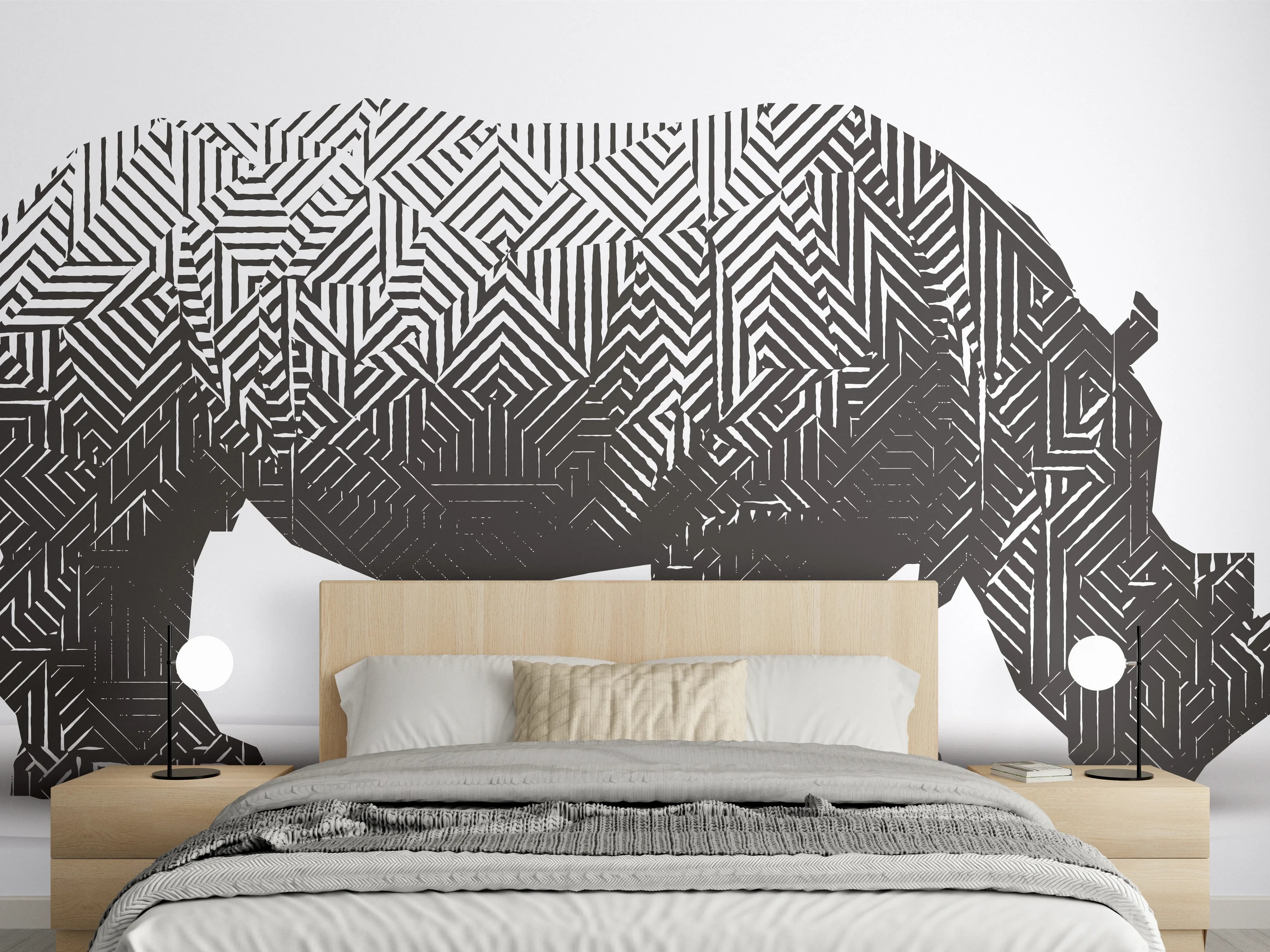 Wandverkleidung Schlafzimmer - Schwarz-Weiß Grafik Nashorn