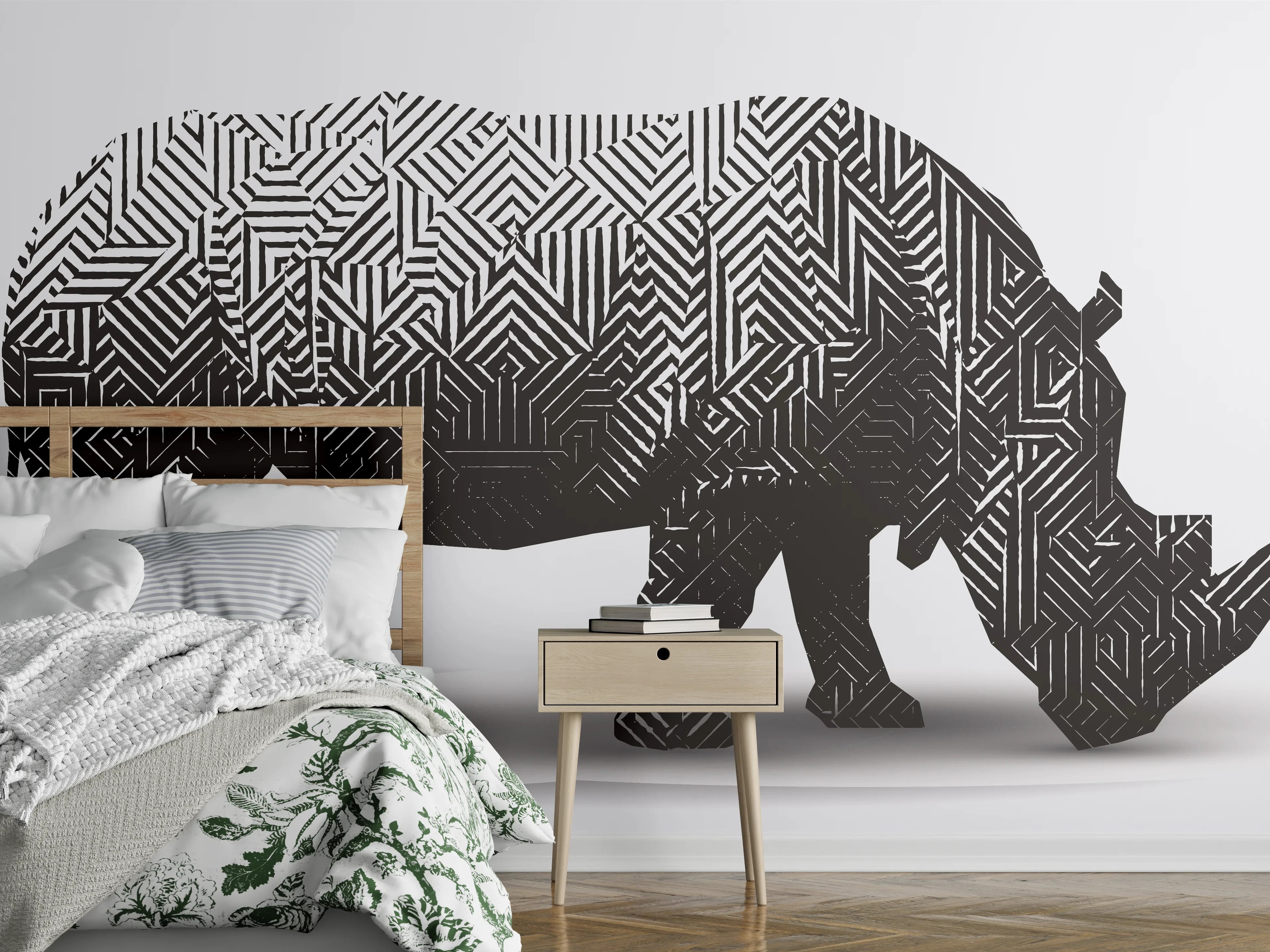 Wandverkleidung Schlafzimmer - Schwarz-Weiß Grafik Nashorn