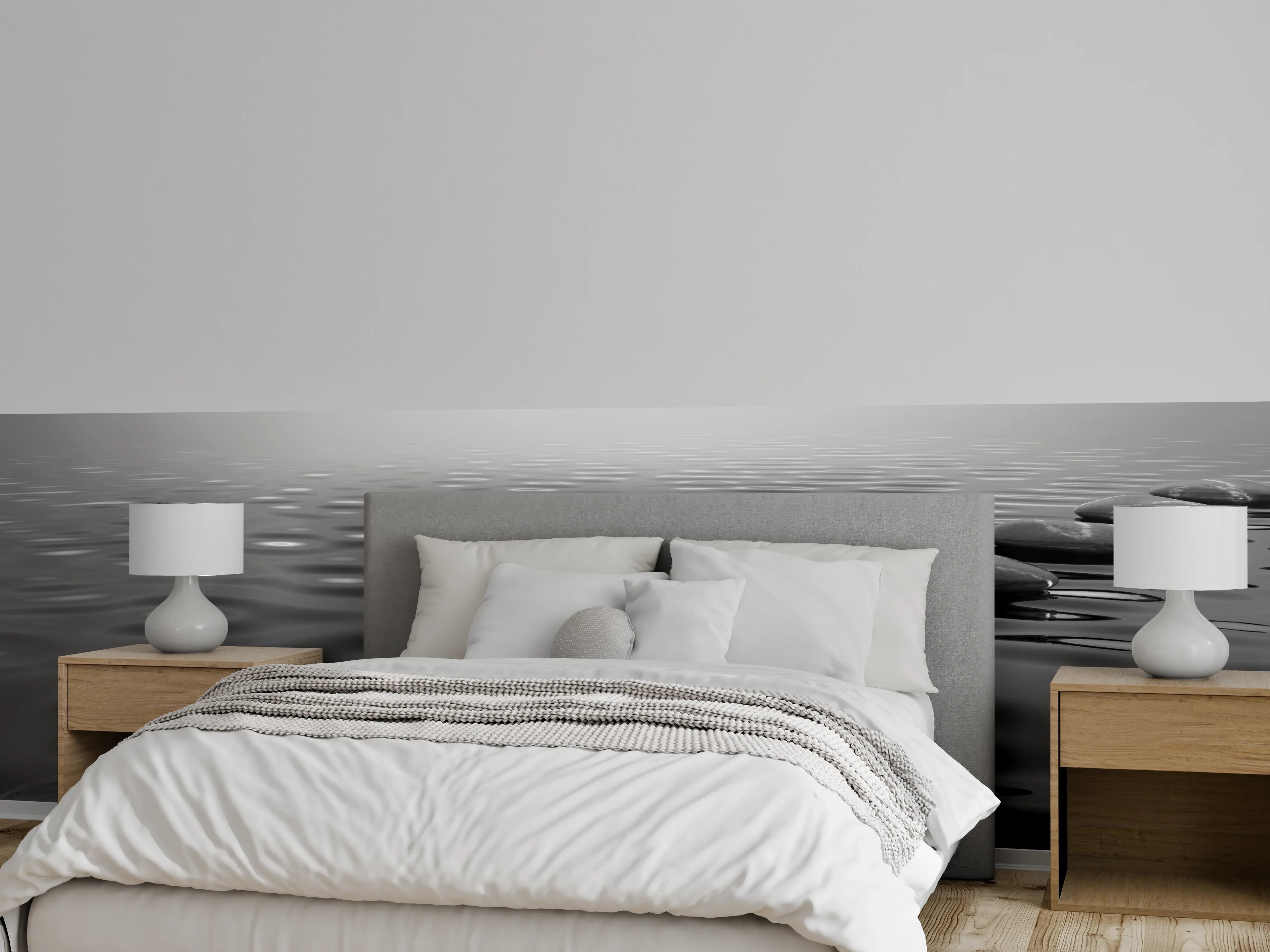 Wandverkleidung Schlafzimmer - Schwarz-Weiß Landschaft am Wasser