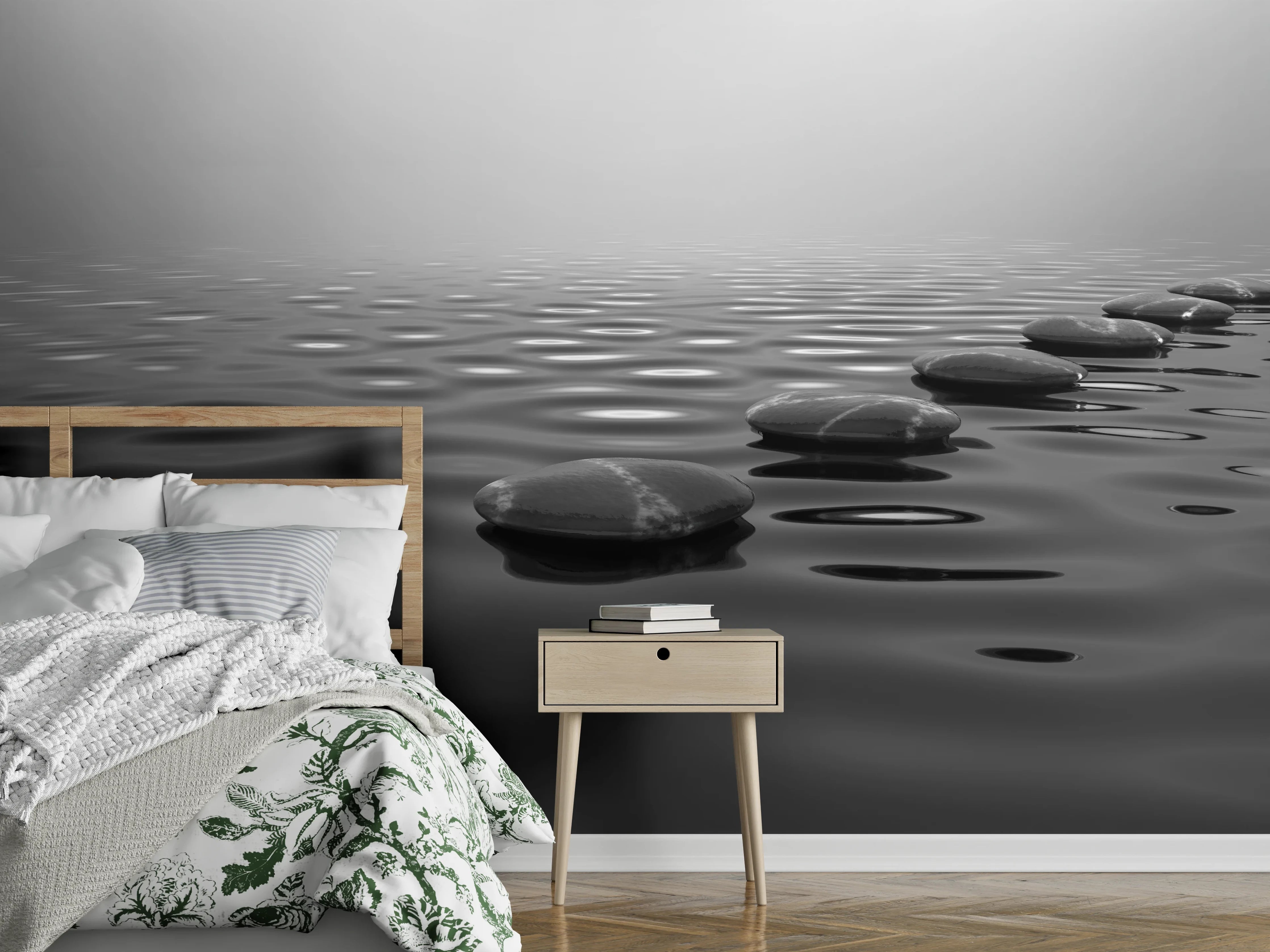 Wandverkleidung Schlafzimmer - Schwarz-Weiß Landschaft am Wasser