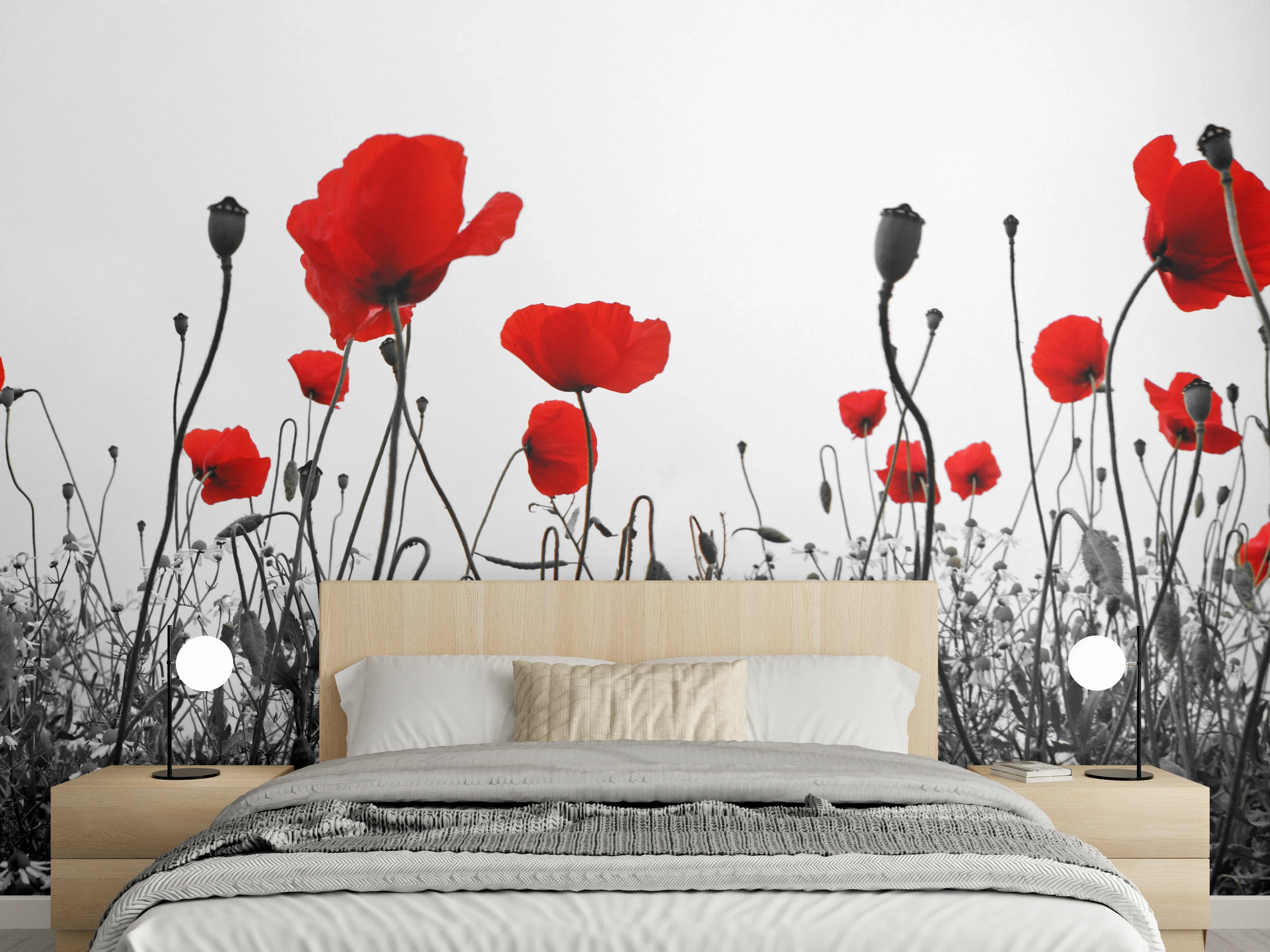 Wandverkleidung Schlafzimmer - Schwarz-Weiß Mohnblumen Akzent