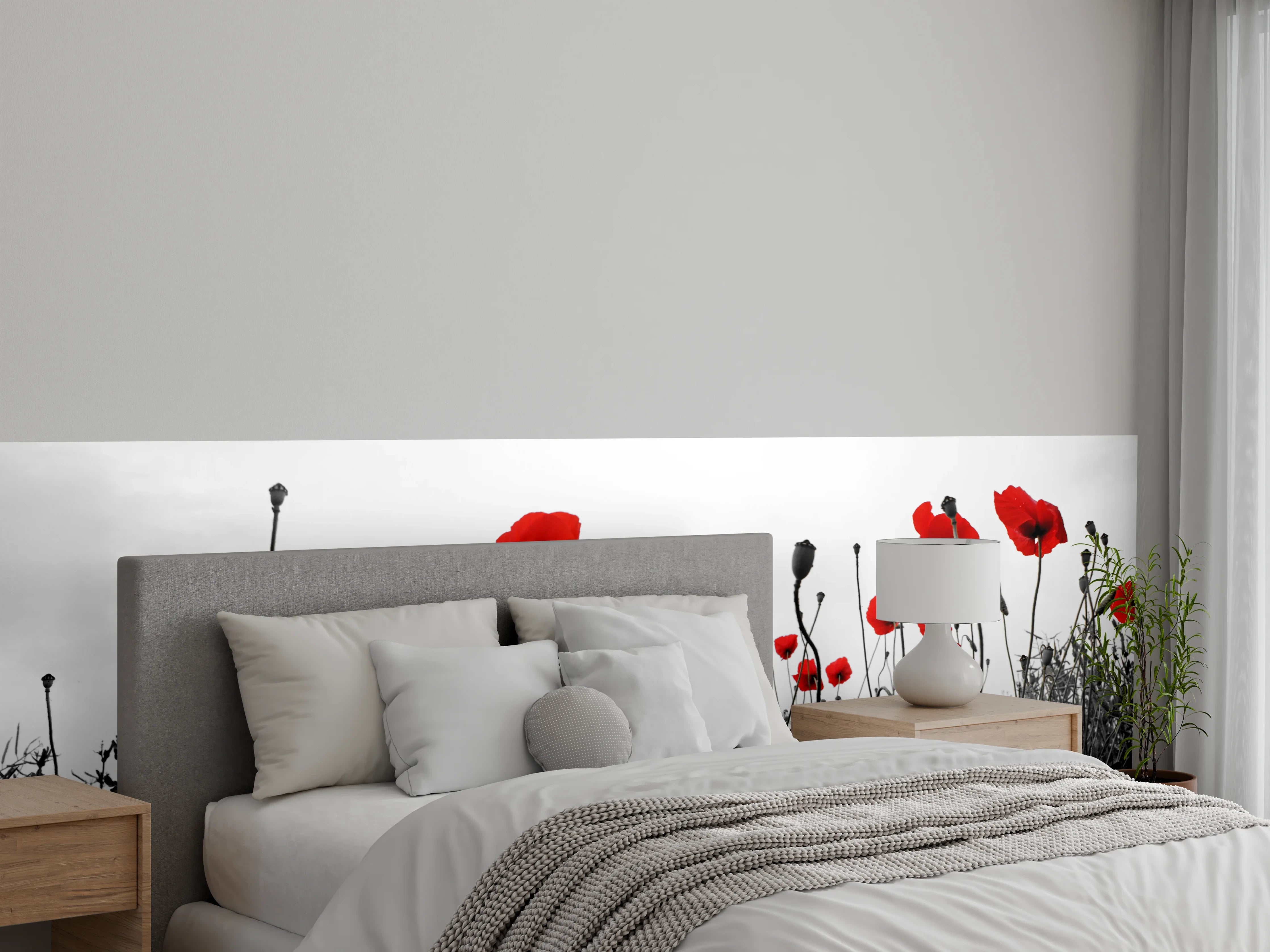 Wandverkleidung Schlafzimmer - Schwarz-Weiß Mohnblumen Akzent
