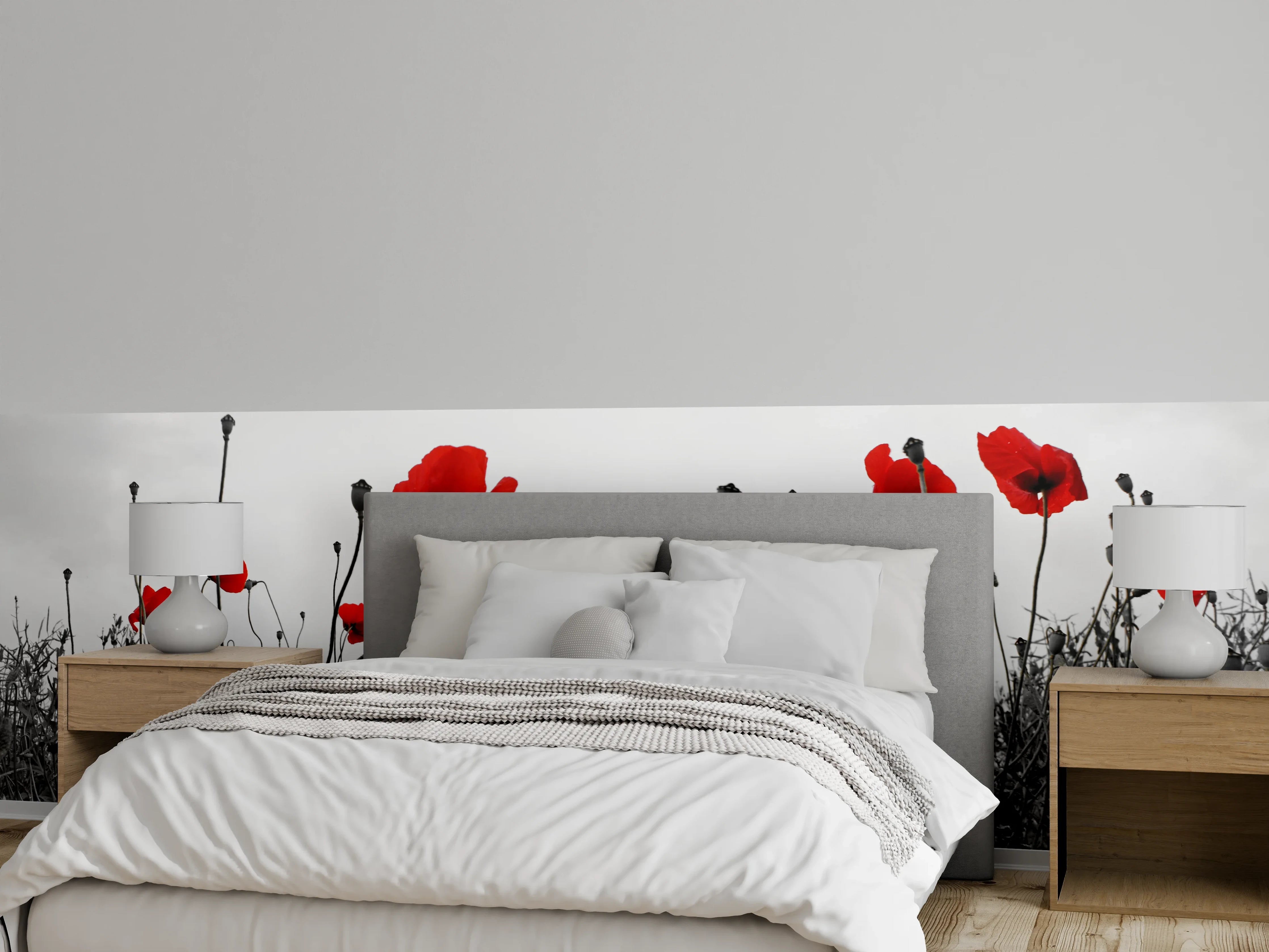 Wandverkleidung Schlafzimmer - Schwarz-Weiß Mohnblumen Akzent