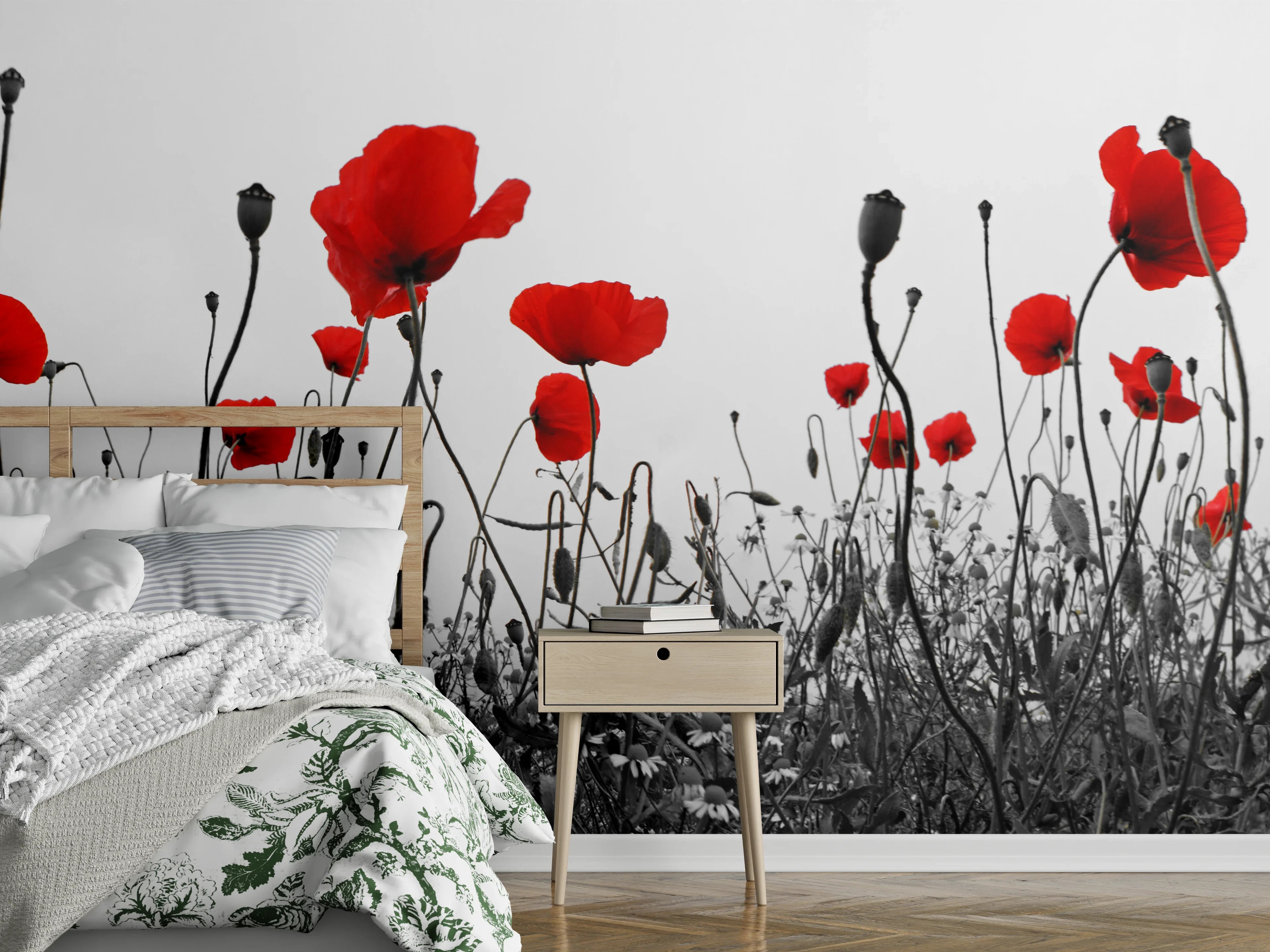 Wandverkleidung Schlafzimmer - Schwarz-Weiß Mohnblumen Akzent