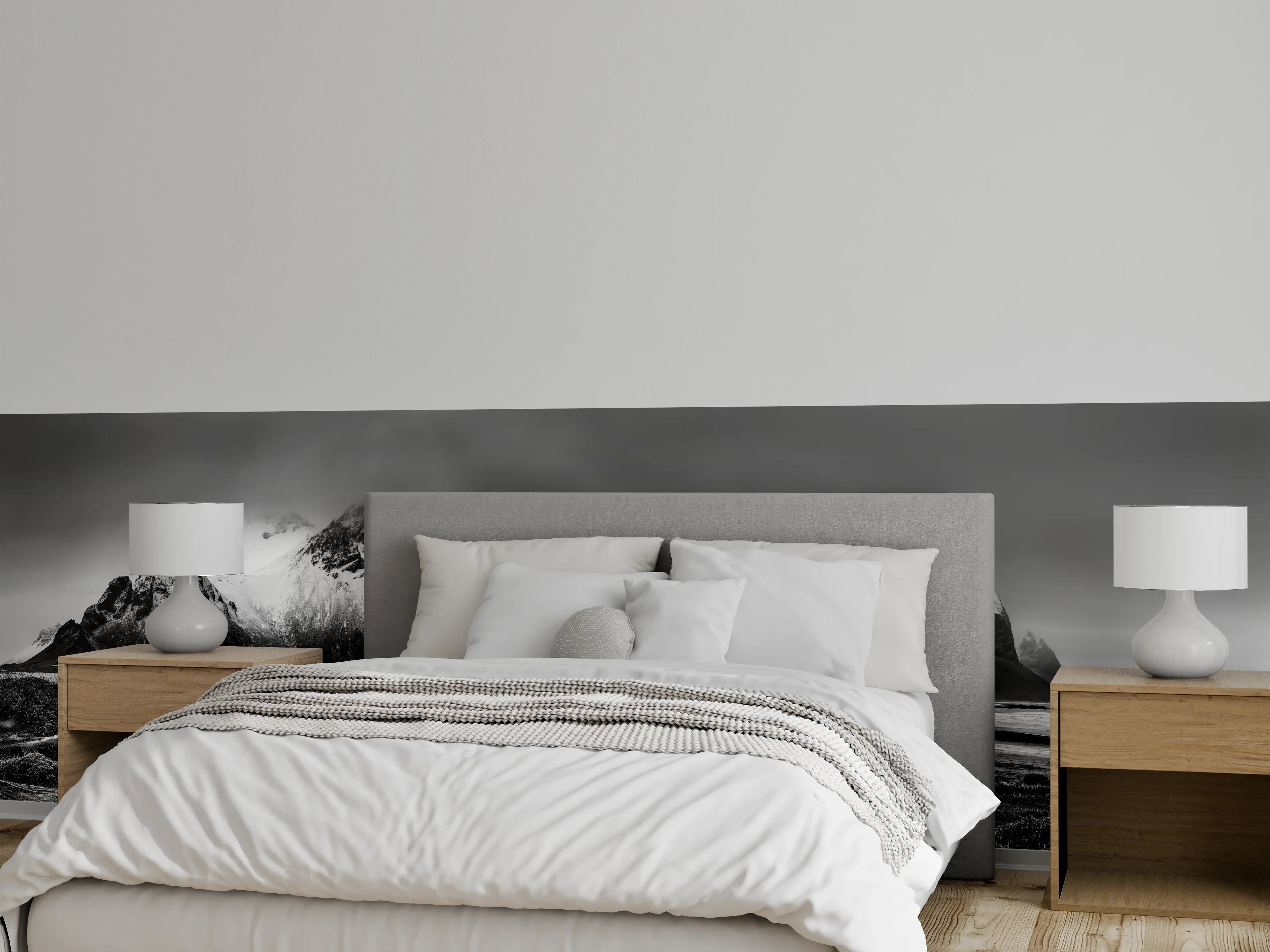 Wandverkleidung Schlafzimmer - Schwarz-Weiß Panoramablick auf beeindruckende Berge