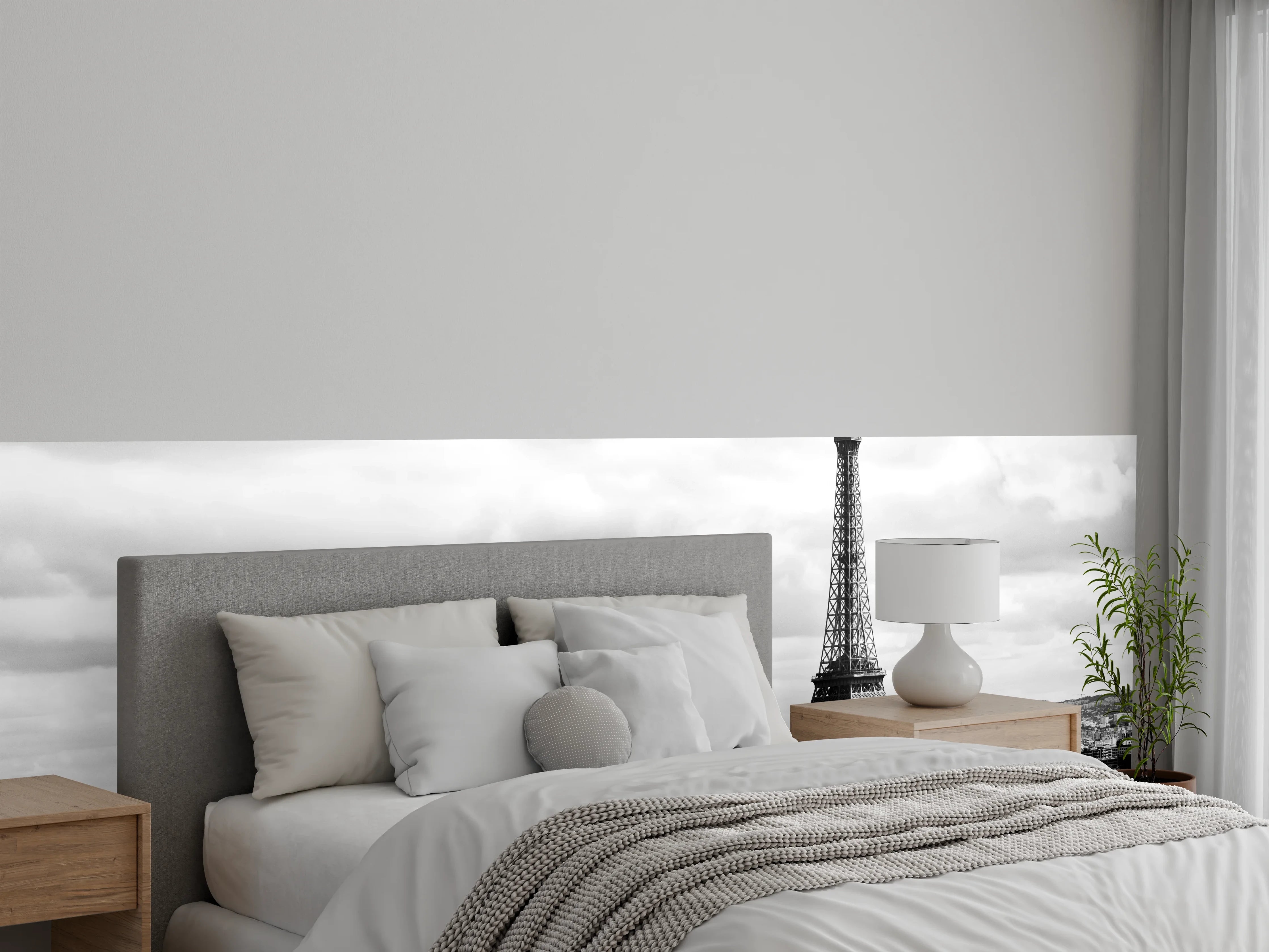 Wandverkleidung Schlafzimmer - Schwarz-Weiß Paris Skyline mit Eiffelturm