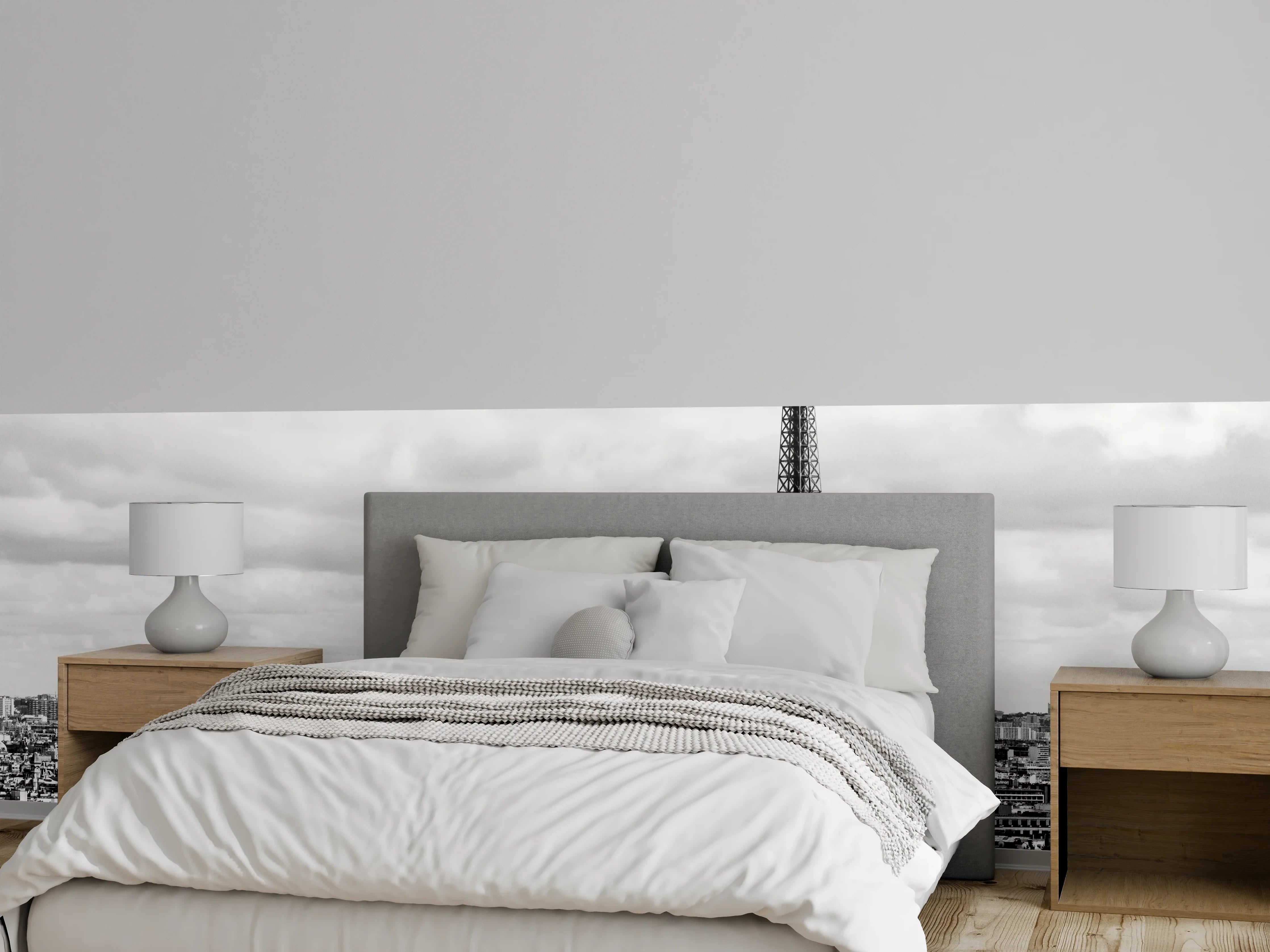 Wandverkleidung Schlafzimmer - Schwarz-Weiß Paris Skyline mit Eiffelturm
