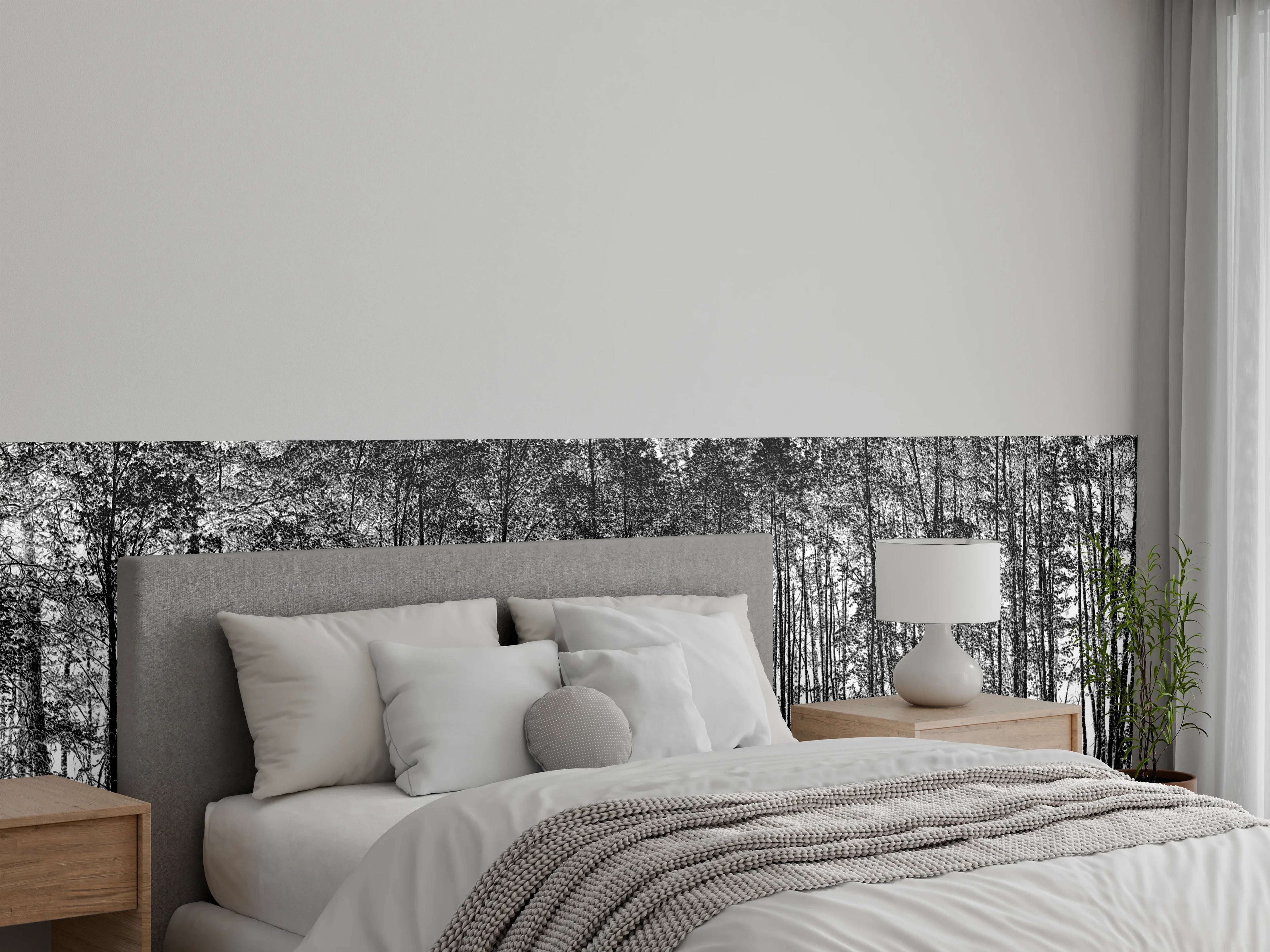 Wandverkleidung Schlafzimmer - Schwarz-Weiß Wald Spiegelung Panorama