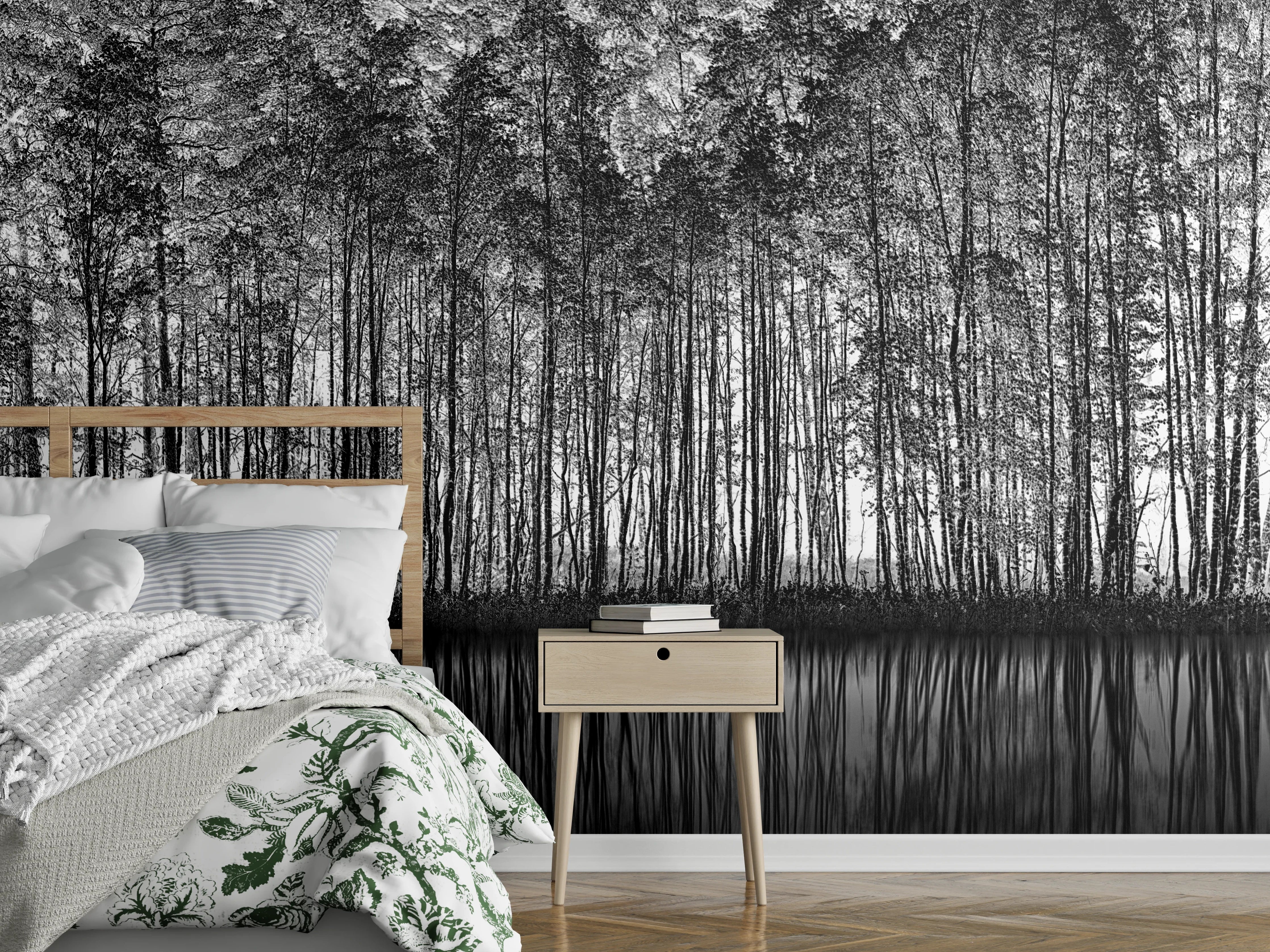 Wandverkleidung Schlafzimmer - Schwarz-Weiß Wald Spiegelung Panorama