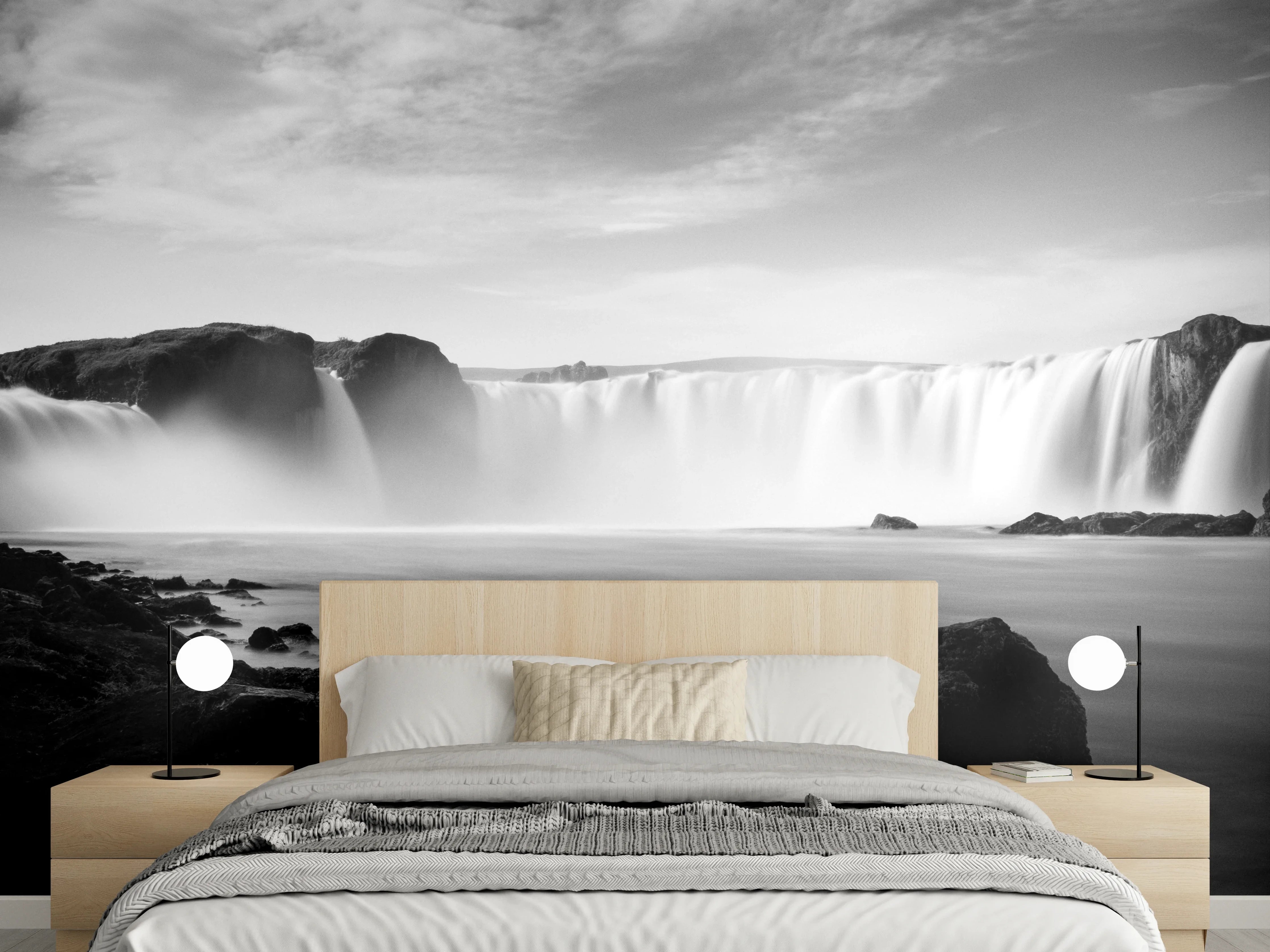 Wandverkleidung Schlafzimmer - Schwarz-Weiß Wasserfall Panorama
