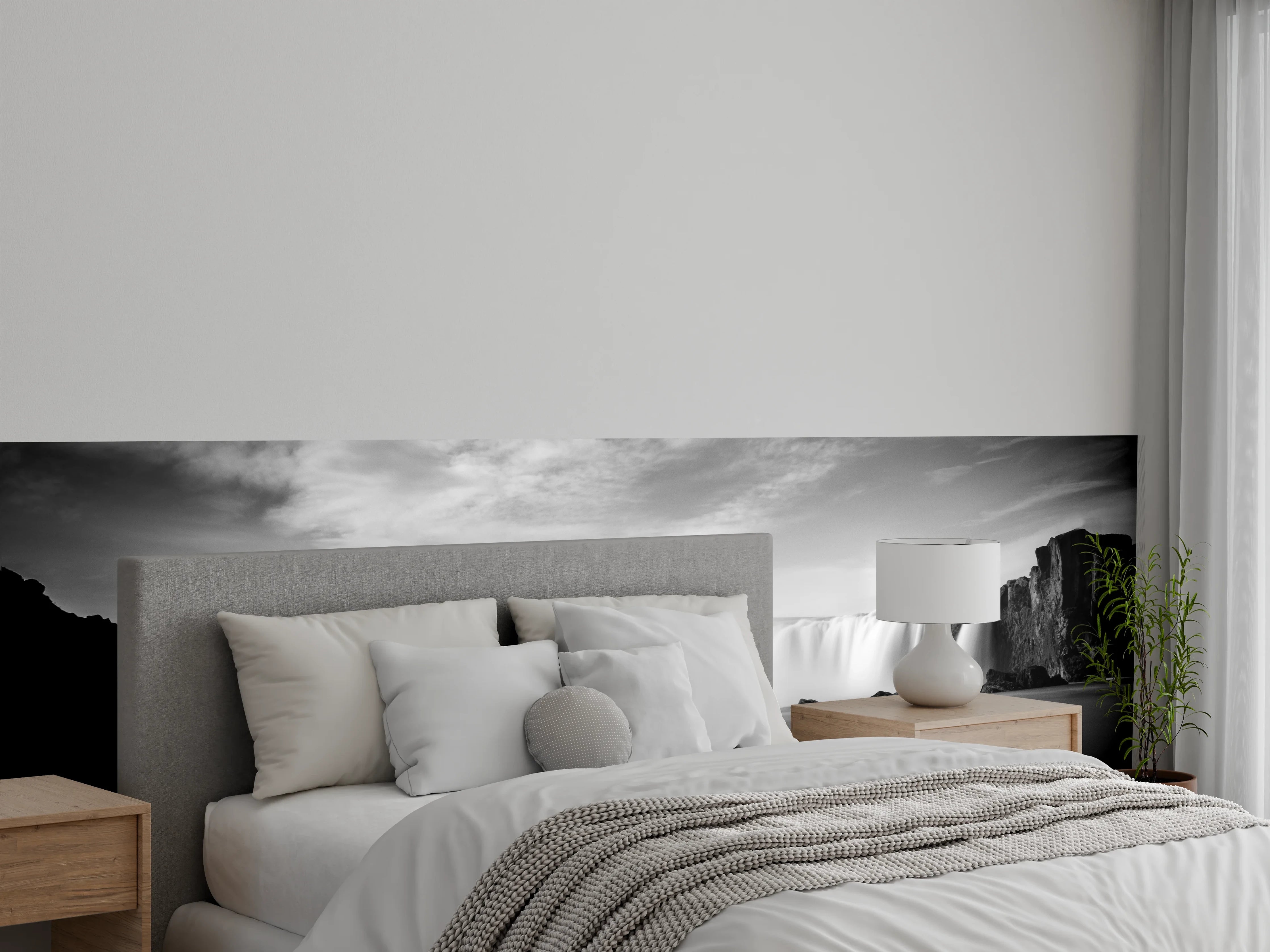 Wandverkleidung Schlafzimmer - Schwarz-Weiß Wasserfall Panorama