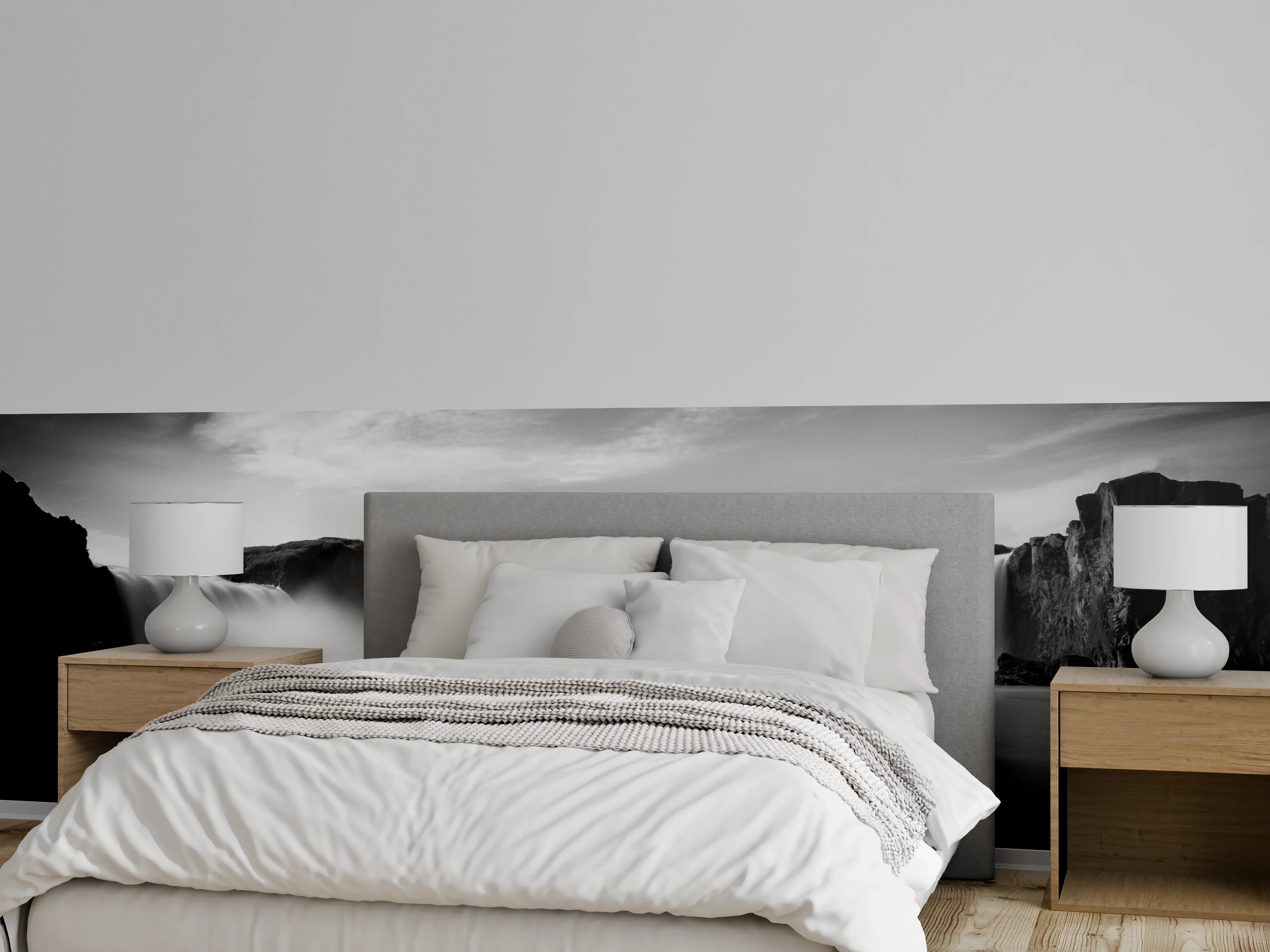 Wandverkleidung Schlafzimmer - Schwarz-Weiß Wasserfall Panorama