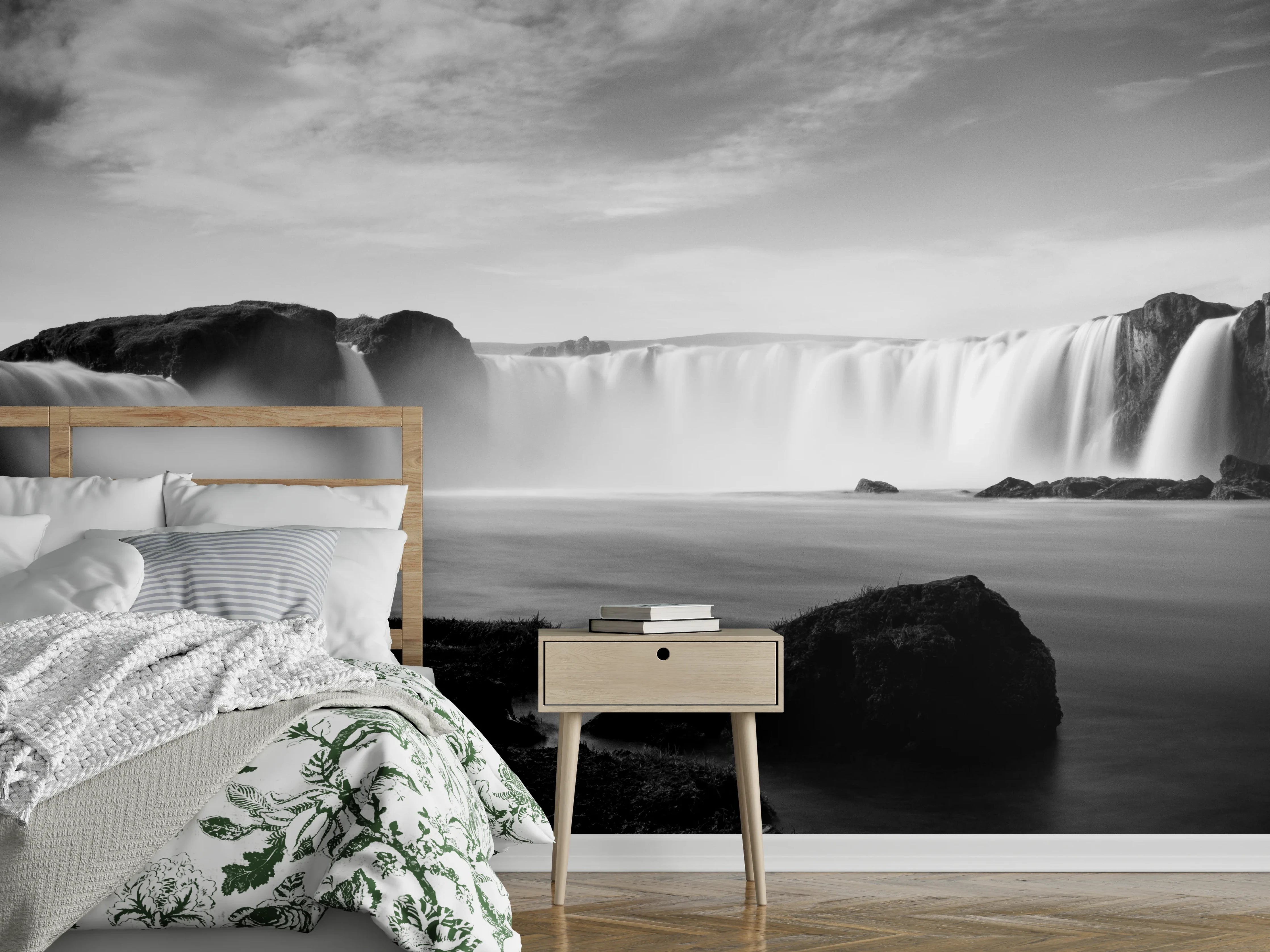 Wandverkleidung Schlafzimmer - Schwarz-Weiß Wasserfall Panorama