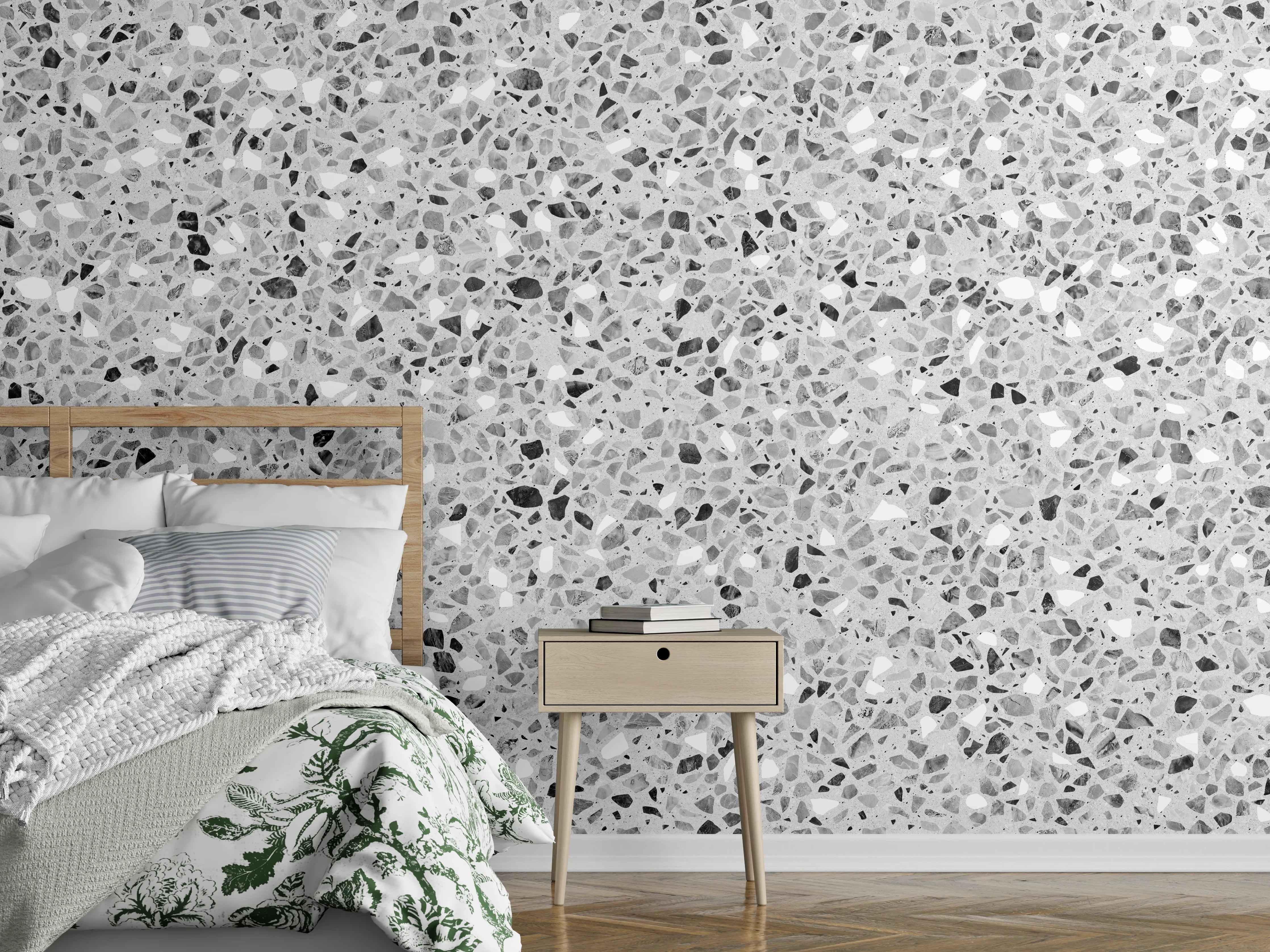 Wandverkleidung Schlafzimmer - Schwarz-Weiße graue Terrazzo Stein Textur