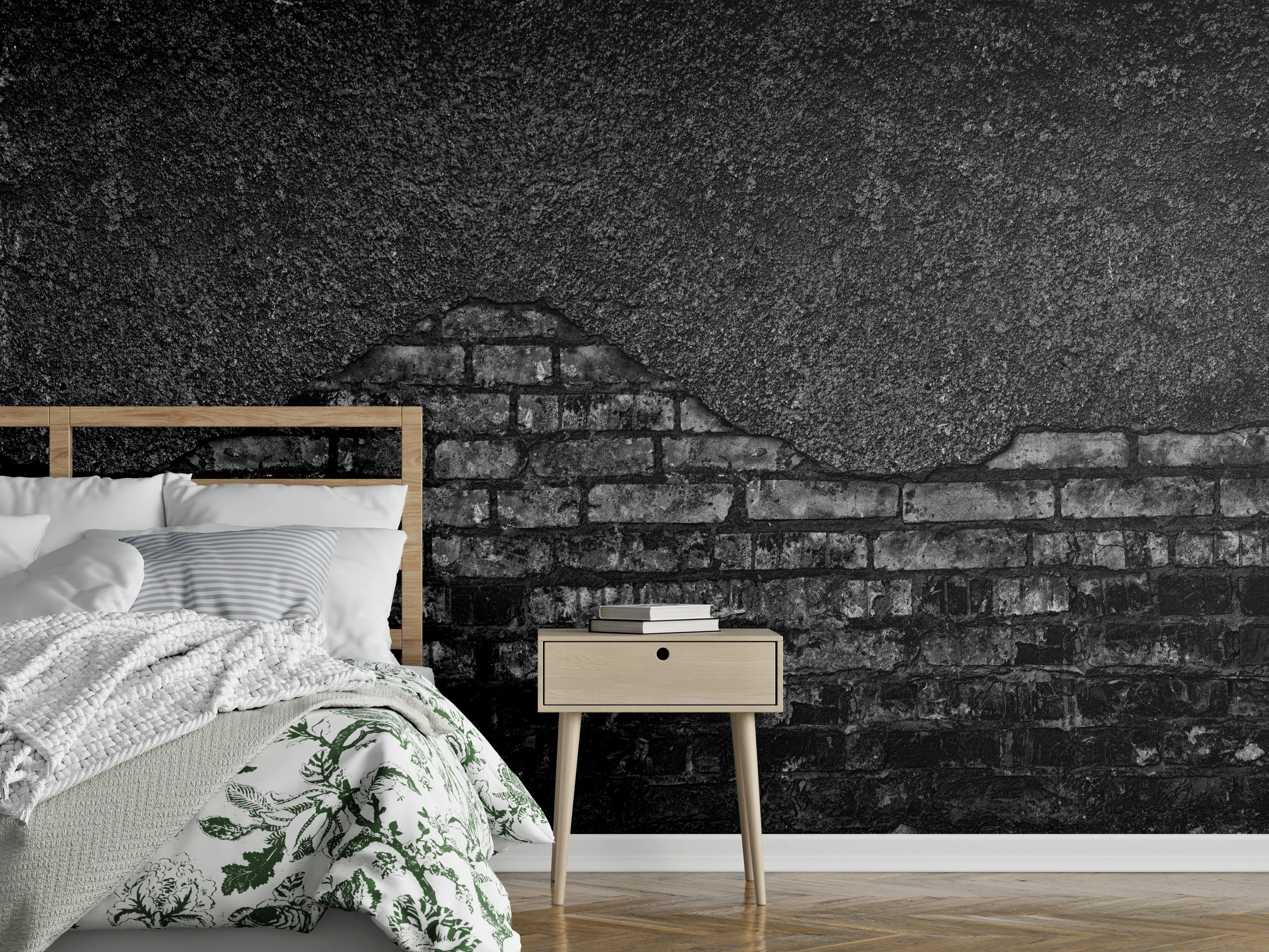 Wandverkleidung Schlafzimmer - Schwarz gebrannte Ziegelwand mit abgefallenem Putz